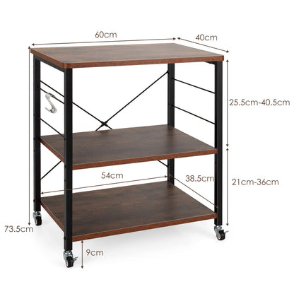 3 Tier Rolling Kitchen Baker's Rack with Adjustable Shelf and Hooks-Net Brown