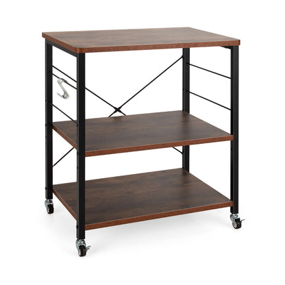 3 Tier Rolling Kitchen Baker's Rack with Adjustable Shelf and Hooks-Net Brown