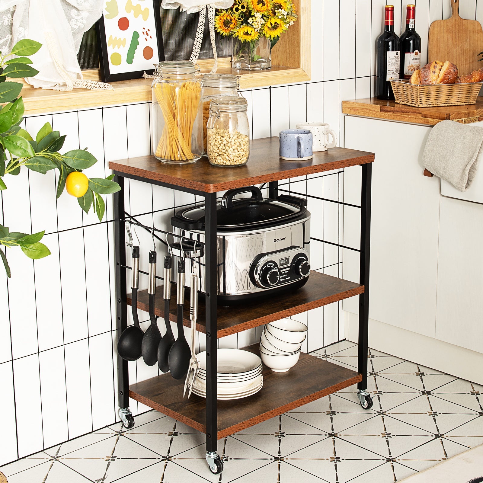 3 Tier Rolling Kitchen Baker's Rack with Adjustable Shelf and Hooks-Net Brown