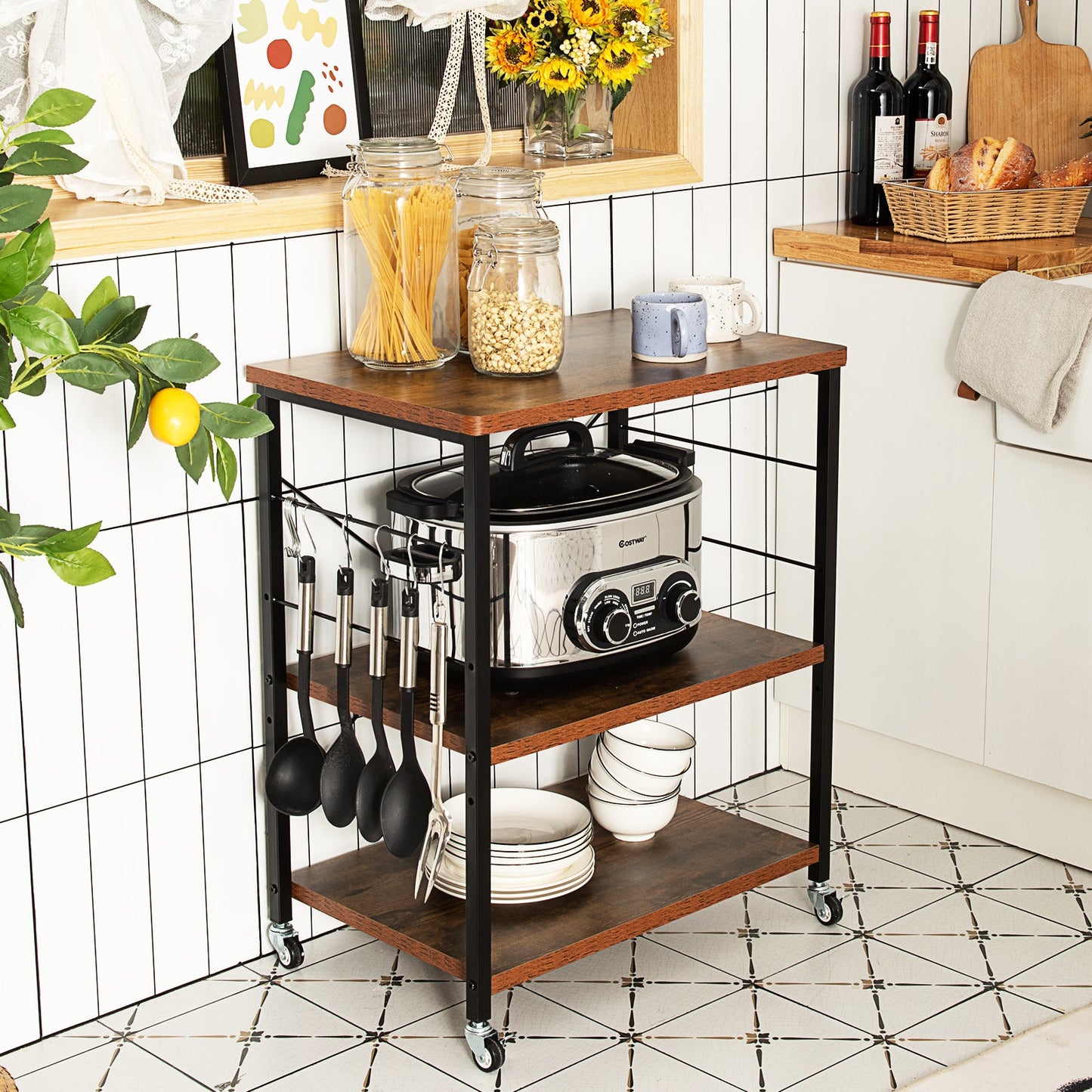 3 Tier Rolling Kitchen Baker's Rack with Adjustable Shelf and Hooks-Net Brown