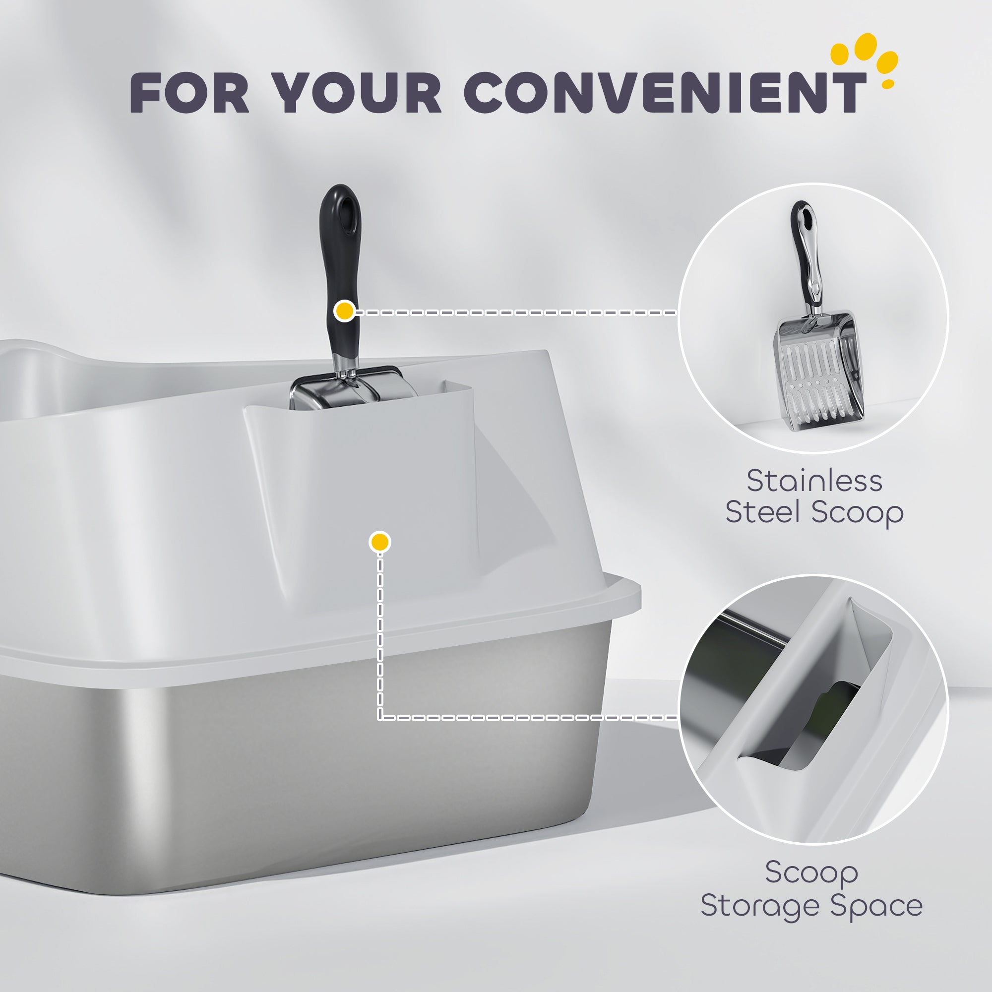 PawHut XL Stainless Steel Cat Litter Box with High Sides, Metal Scoop, 60 x 40 x 30 cm