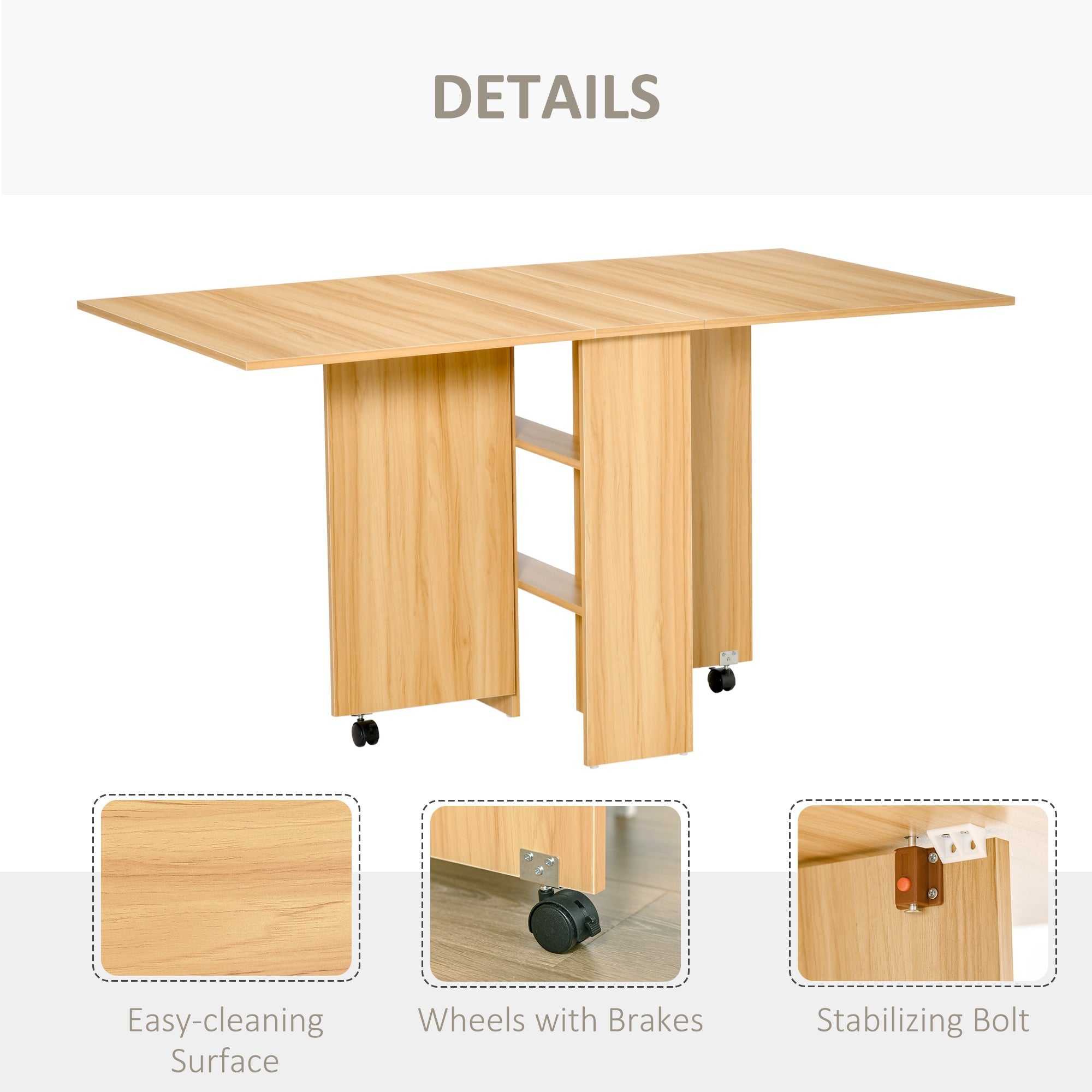 Elegant HOMCOM Folding Dining Table, Drop Leaf Table for Small Spaces, Foldable Rectangular Tabletop with Spacious Storage Shelves for Kitchen, Dining Room, Teak