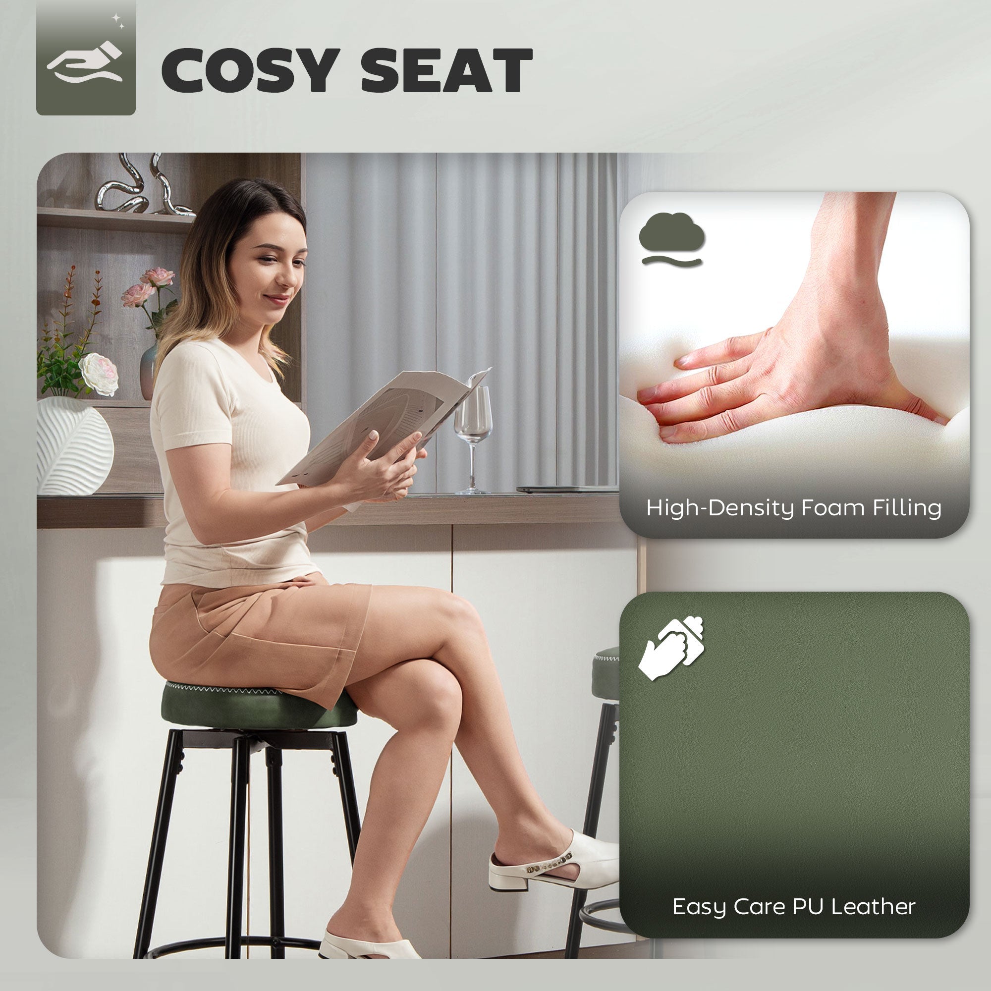 Elegant HOMCOM Set of Two Faux Leather Bar Stools - Green/Black