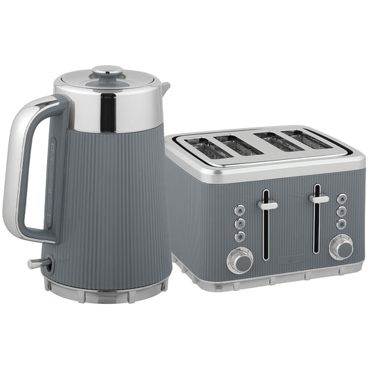 Elegant HOMCOM Electric Kettle and Toaster Set, 3000W 1.7L UK Strix Thermostat Rapid Boil Jug Kettle with Limescale Filter, Cool Touch Body, 4 Slice Toaster with 7 Browning Controls, Crumb Tray, in Sophisticated Grey