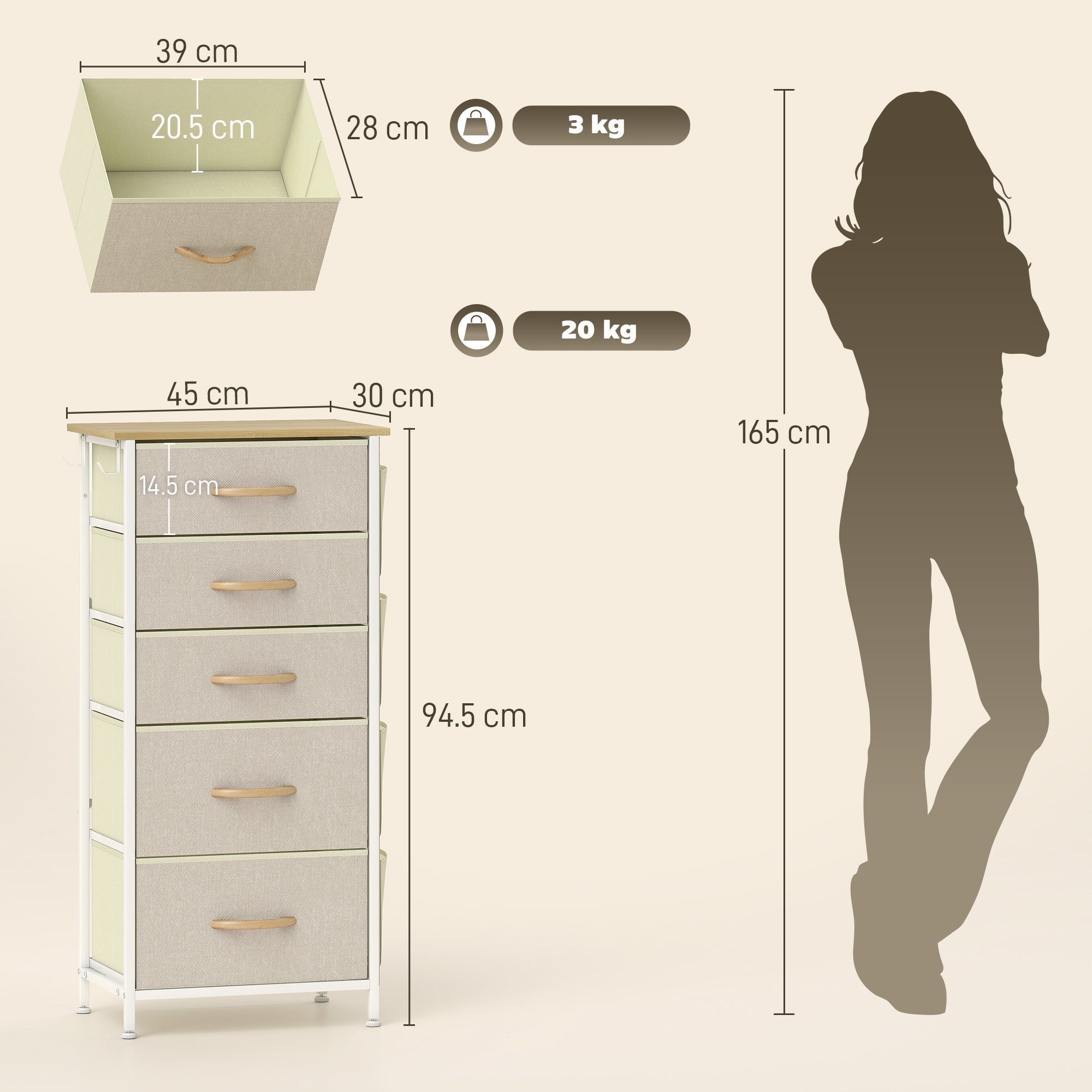 Elegant HOMCOM Chest of Five Fabric Drawers - Beige