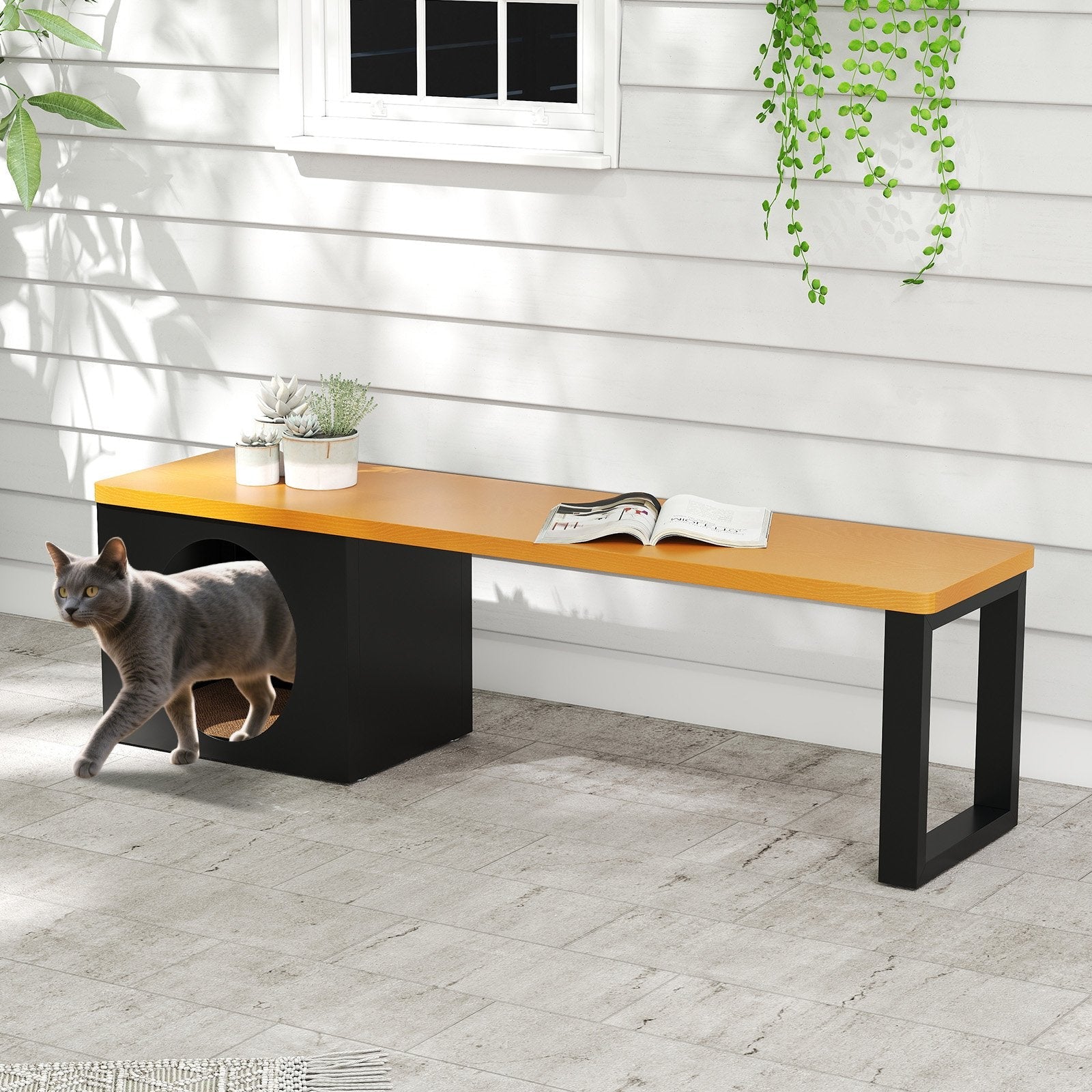 150 CM 3-Person Long Outdoor Metal Modern Bench with Cat House and Scratching Pad-