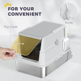 PawHut Extra Large Stainless Steel, Cat Litter Tray with Scoop, Flip Top