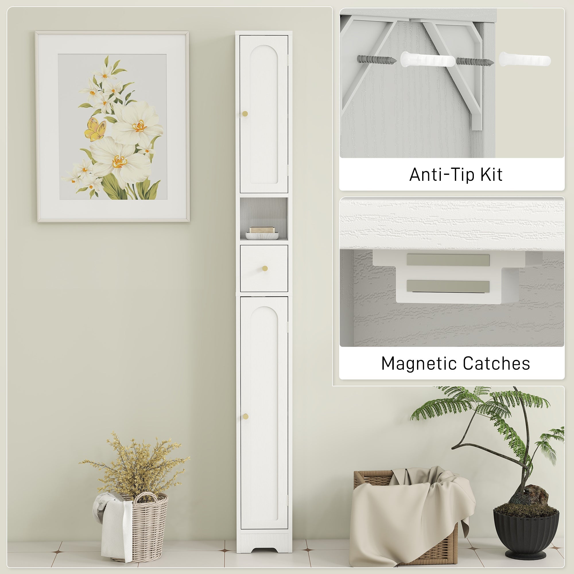 Elegant HOMCOM 185 cm Tall Bathroom Cabinet with Arched Doors - White