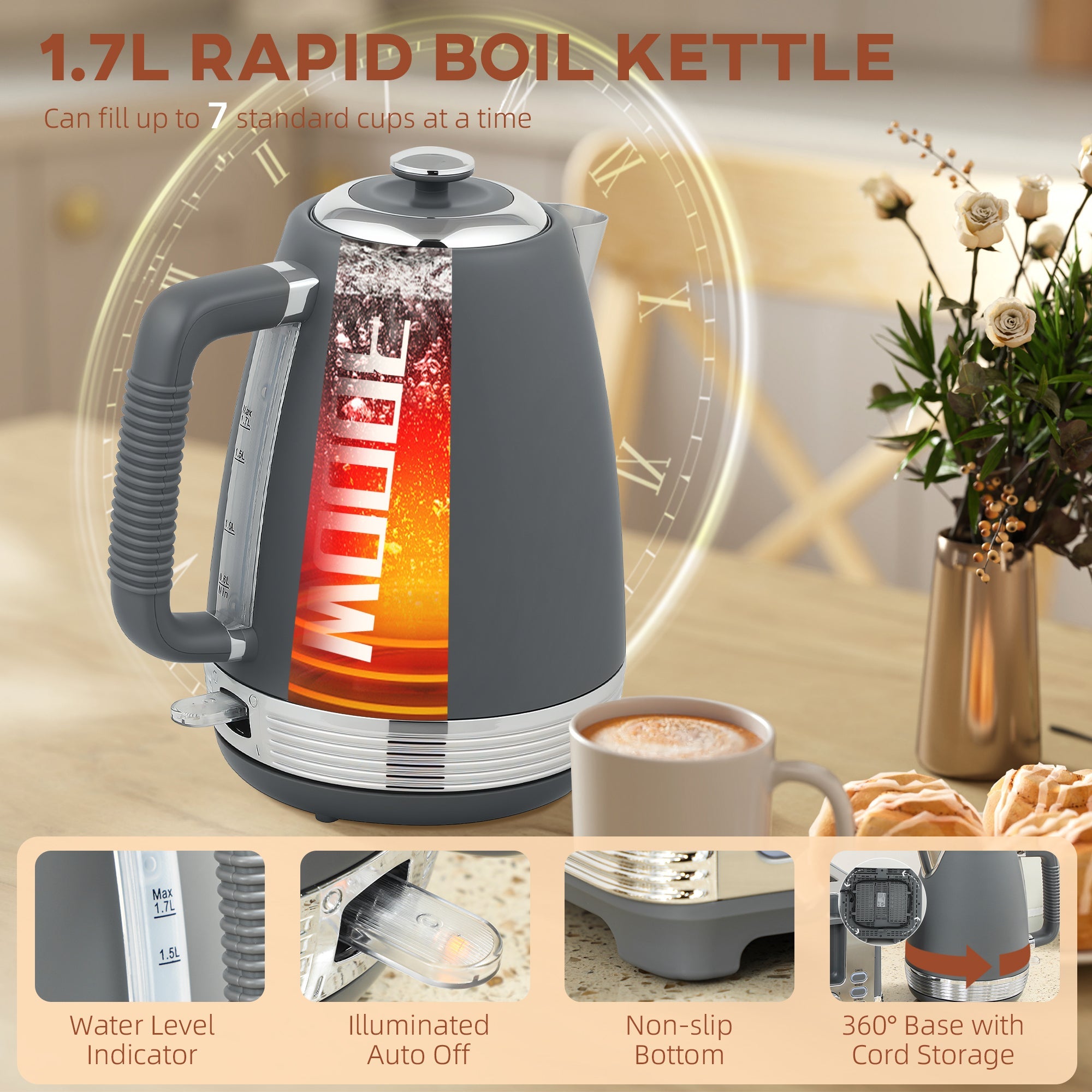 Elegant HOMCOM Stainless Steel Kettle and Toaster Set, 1.7L 3000W Rapid Boil Jug Kettle with UK Strix Thermostat, Limescale Filter, 4 Slice Toaster with 7 Browning Controls, Crumb Tray, in Sophisticated Grey and Silver Tone