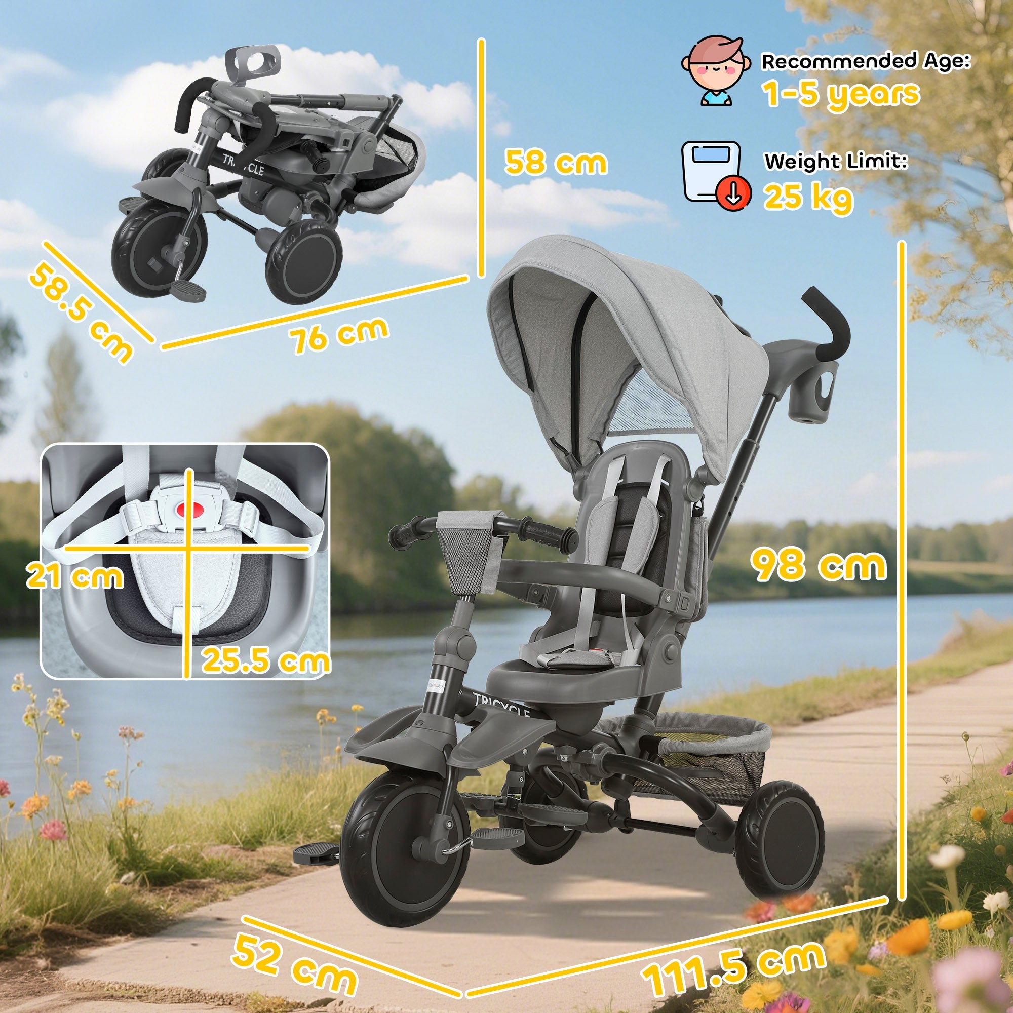 AIYAPLAY 6 in 1 Foldable Kids Trike with Adjustable Parent Handle & Canopy for Ages 1-5, in Sophisticated Grey