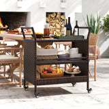 Outdoor Bar Cart 3-Tier Patio Rattan Spacious Storage Shelf with Lockable Universal Wheels