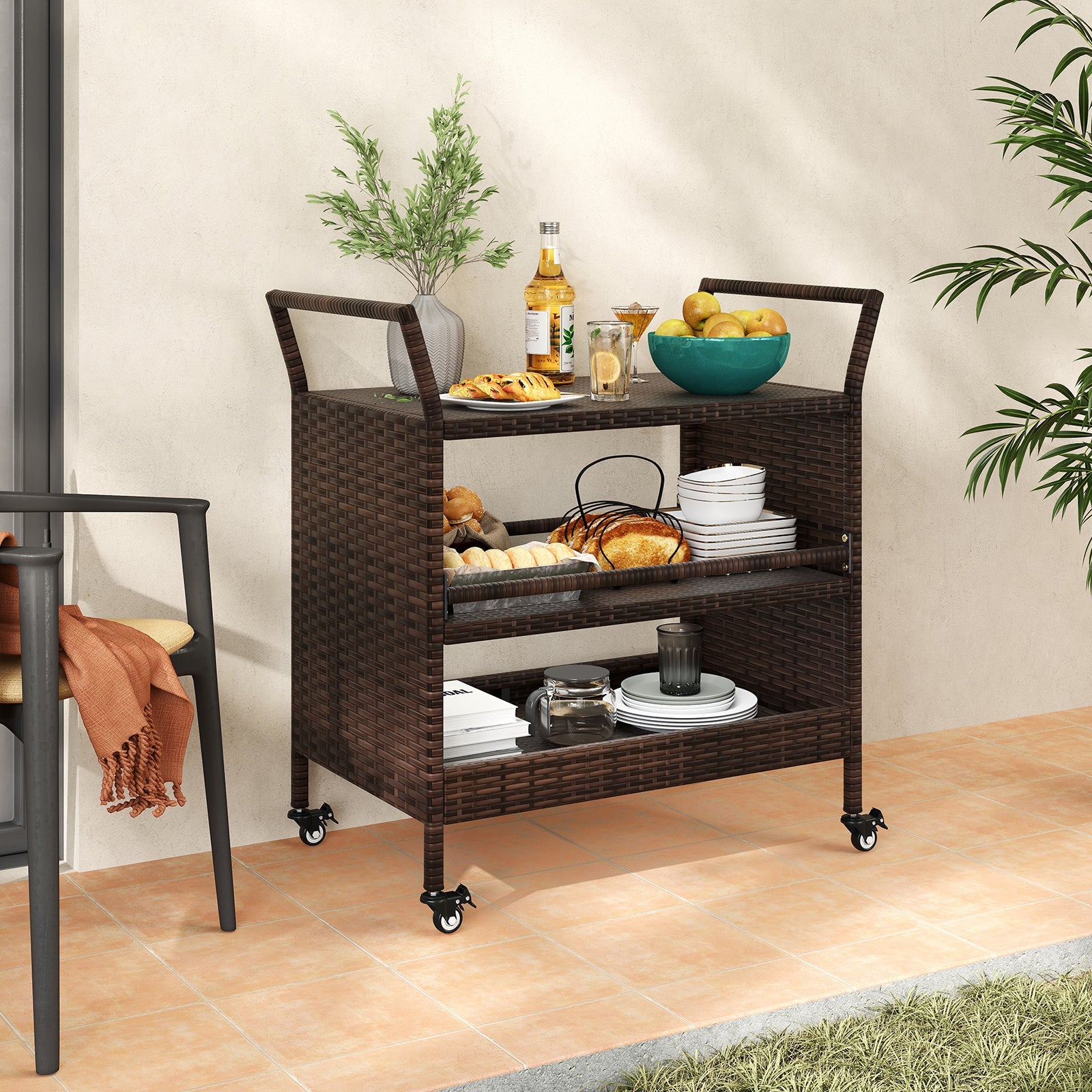 Outdoor Bar Cart 3-Tier Patio Rattan Spacious Storage Shelf with Lockable Universal Wheels
