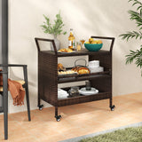 Outdoor Bar Cart 3-Tier Patio Rattan Spacious Storage Shelf with Lockable Universal Wheels