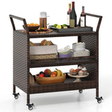 Outdoor Bar Cart 3-Tier Patio Rattan Spacious Storage Shelf with Lockable Universal Wheels
