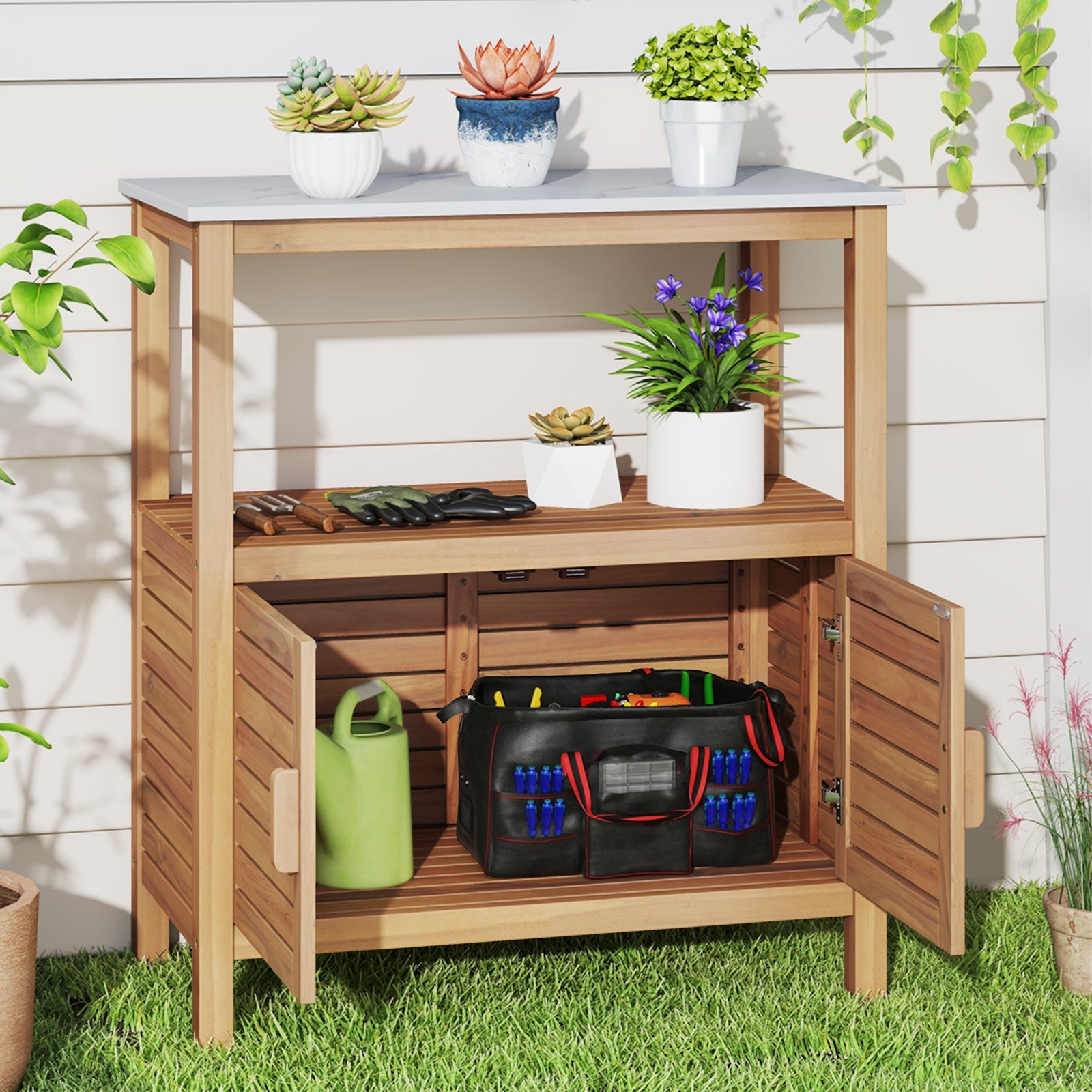 Outdoor Potting Modern Bench with Resin Tabletop and Spacious Storage Shelf