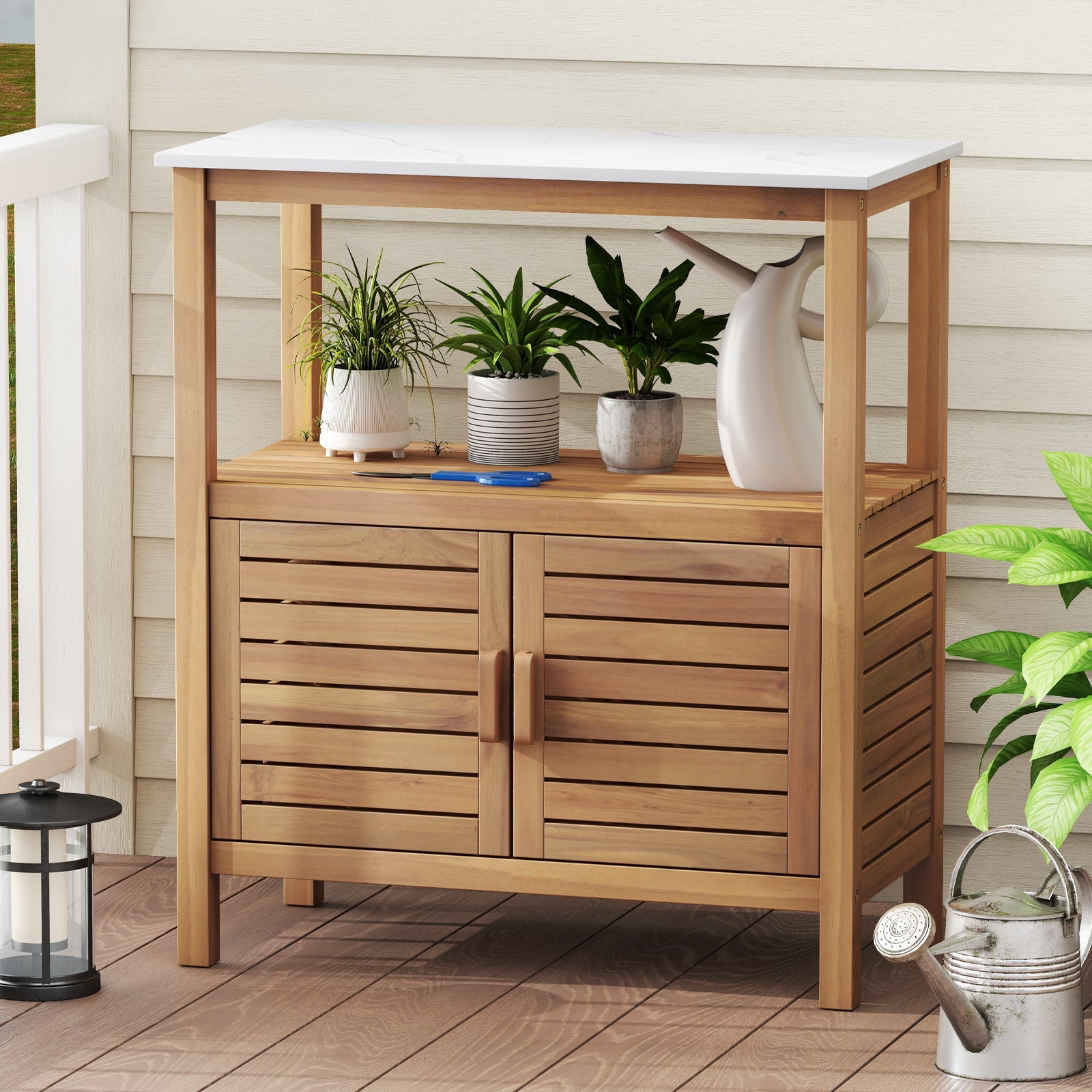 Outdoor Potting Modern Bench with Resin Tabletop and Spacious Storage Shelf