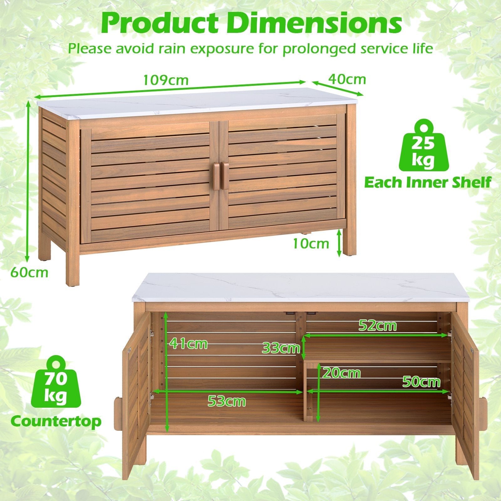 Patio Spacious Storage Cabinet 2-Door Acacia Wood Spacious Storage Container with Faux Marble Top