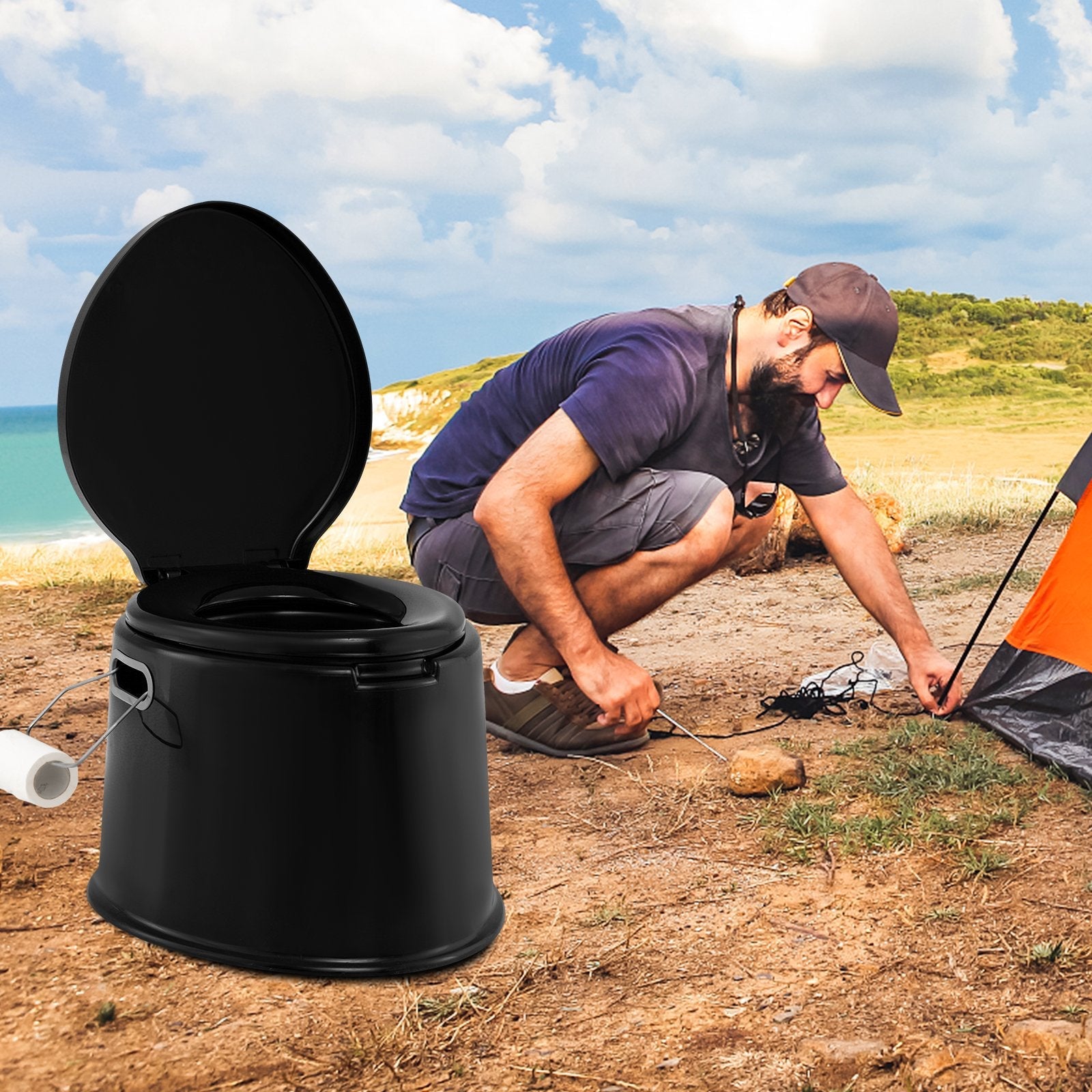 Portable Travel Toilet with Detachable Inner Bucket and Removable Toilet Paper Holder-
