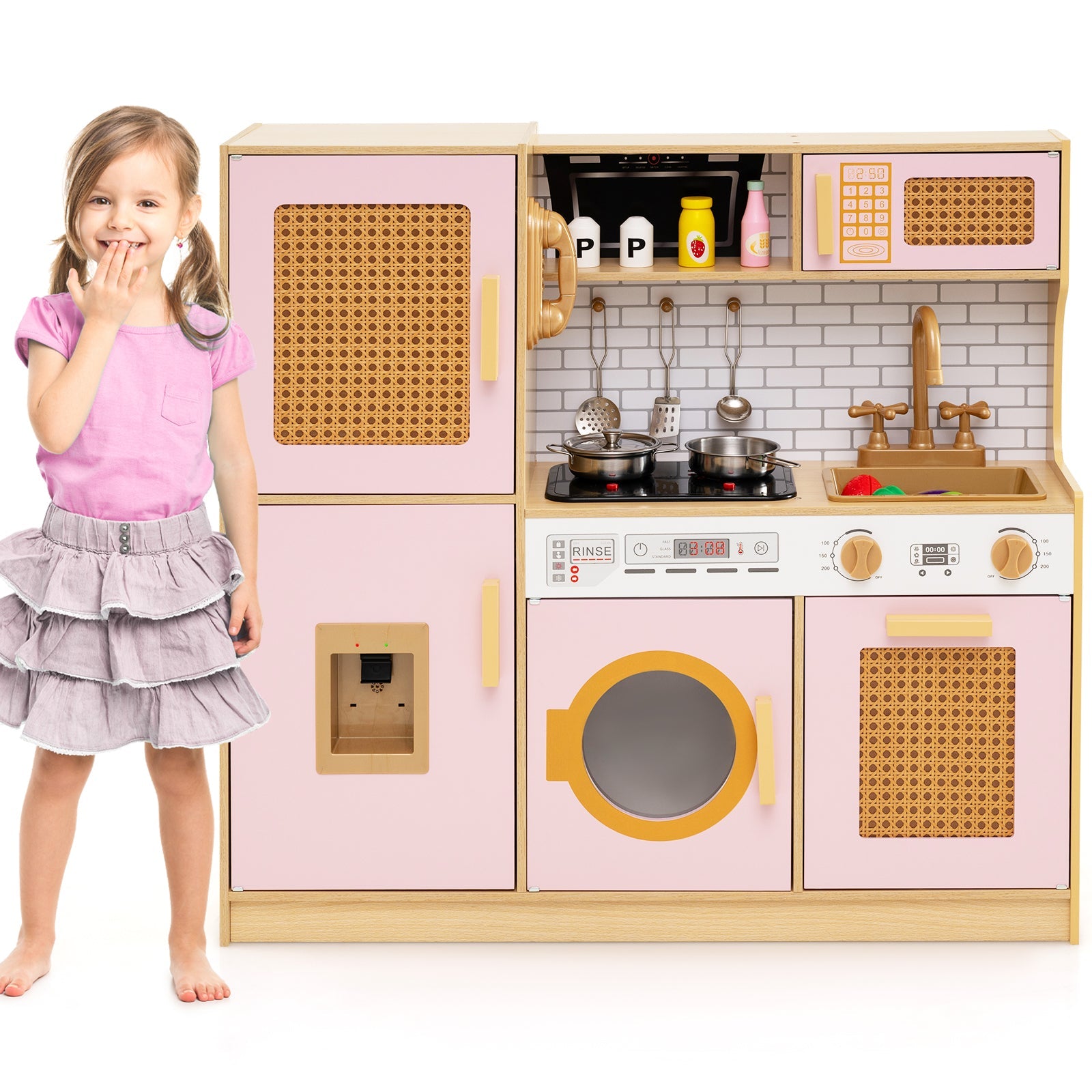 Wooden Kids Kitchen Playset with Real Sounds Lights Stove Water Dispenser-Yellow