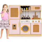 Wooden Kids Kitchen Playset with Real Sounds Lights Stove Water Dispenser-Yellow