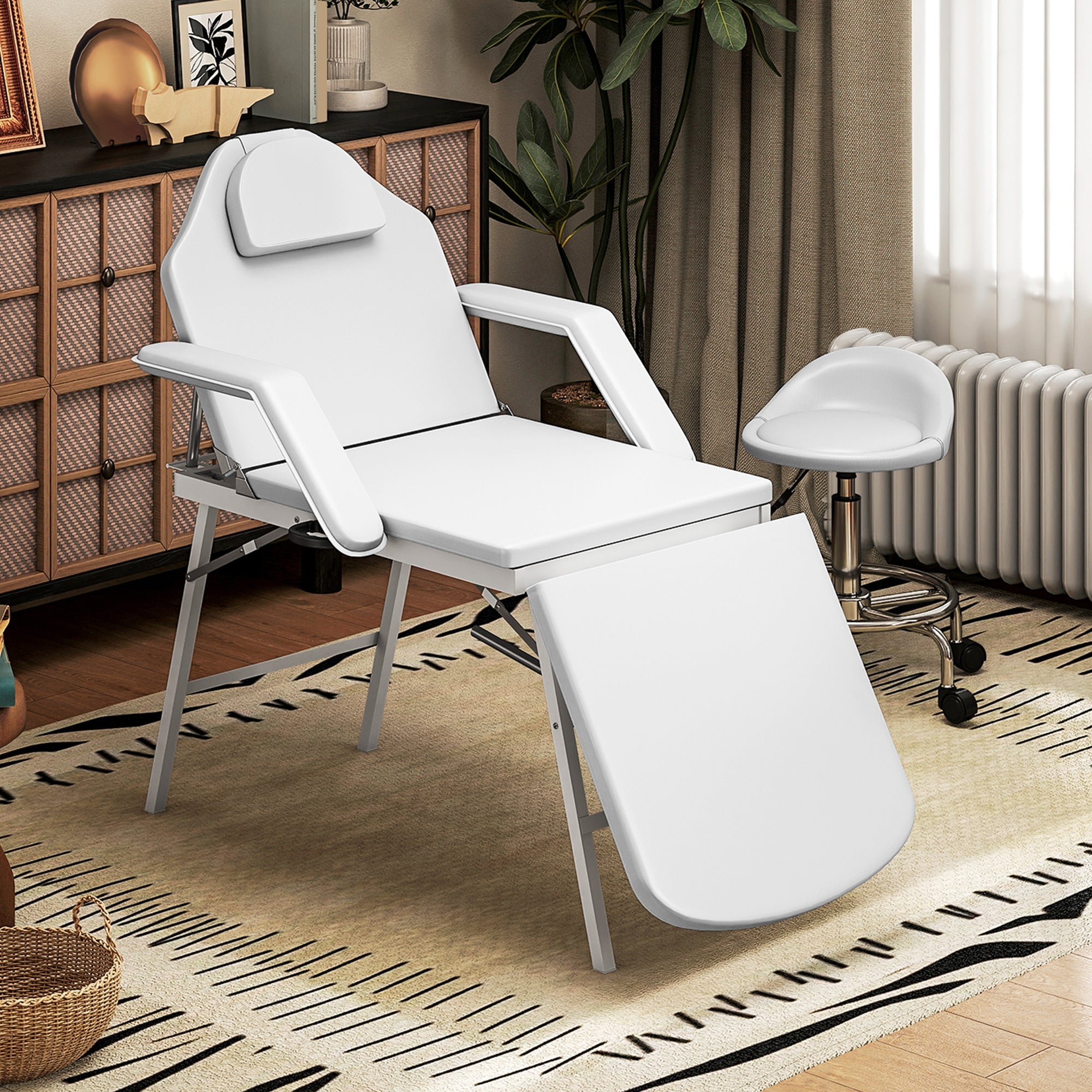 Elegant HOMCOM Portable Massage Table, 3 Section Adjustable Beauty Bed, Foldable Massage Bed with Face Hole, Recliner Chair with Removable Headrest and Armrests for Spa, Lash, Tattoo, White
