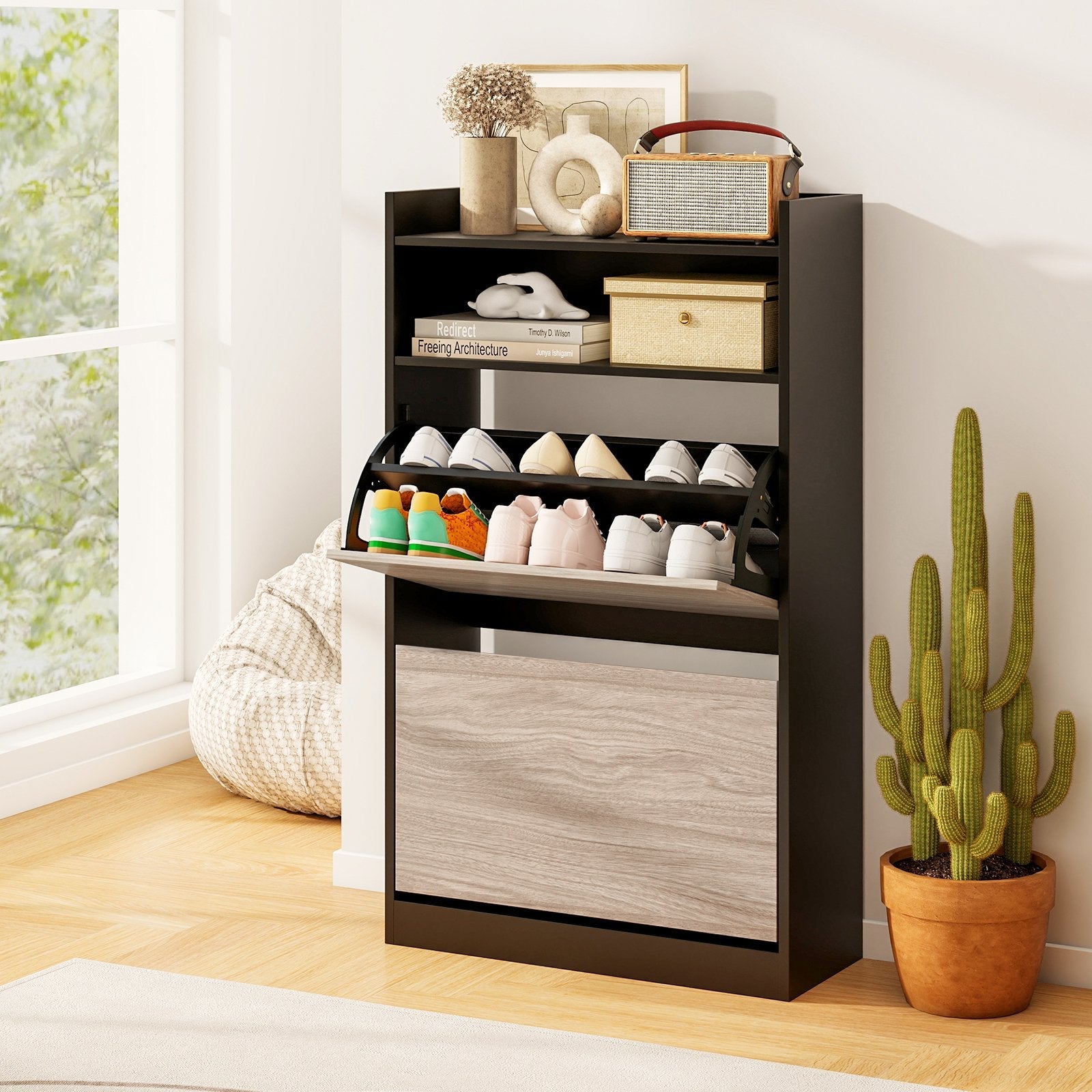 Shoe Spacious Storage Cabinet with 2 Flip Drawers and Open Spacious Storage-