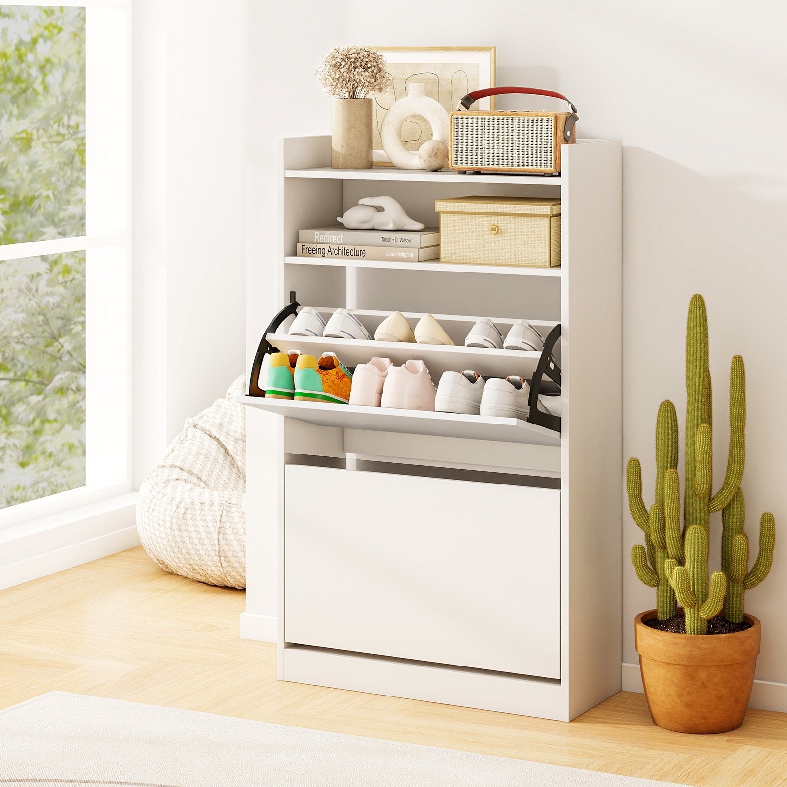 Shoe Spacious Storage Cabinet with 2 Flip Drawers and Open Spacious Storage-