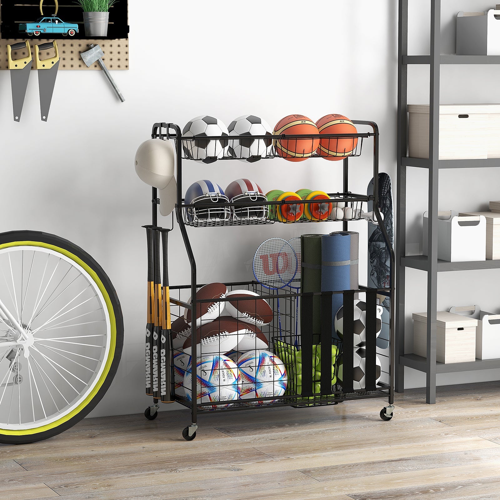 Sports Equipment Spacious Storage Rack Rolling Sports Ball Spacious Storage Cart-