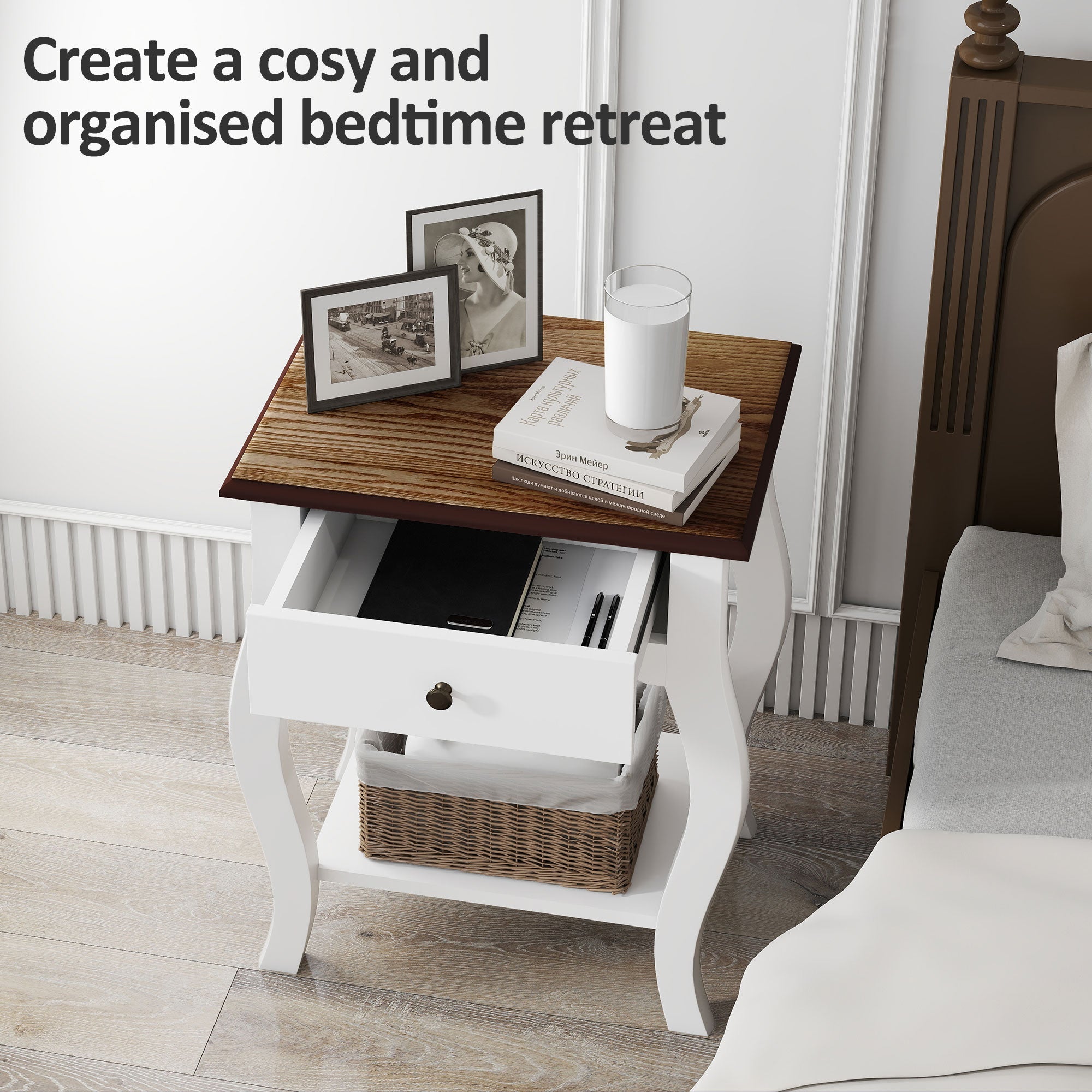 Elegant HOMCOM 2pcs Bedside Tables with Drawer, French Style Bedside Cabinets with Open Shelf for Bedroom, Living Room, White