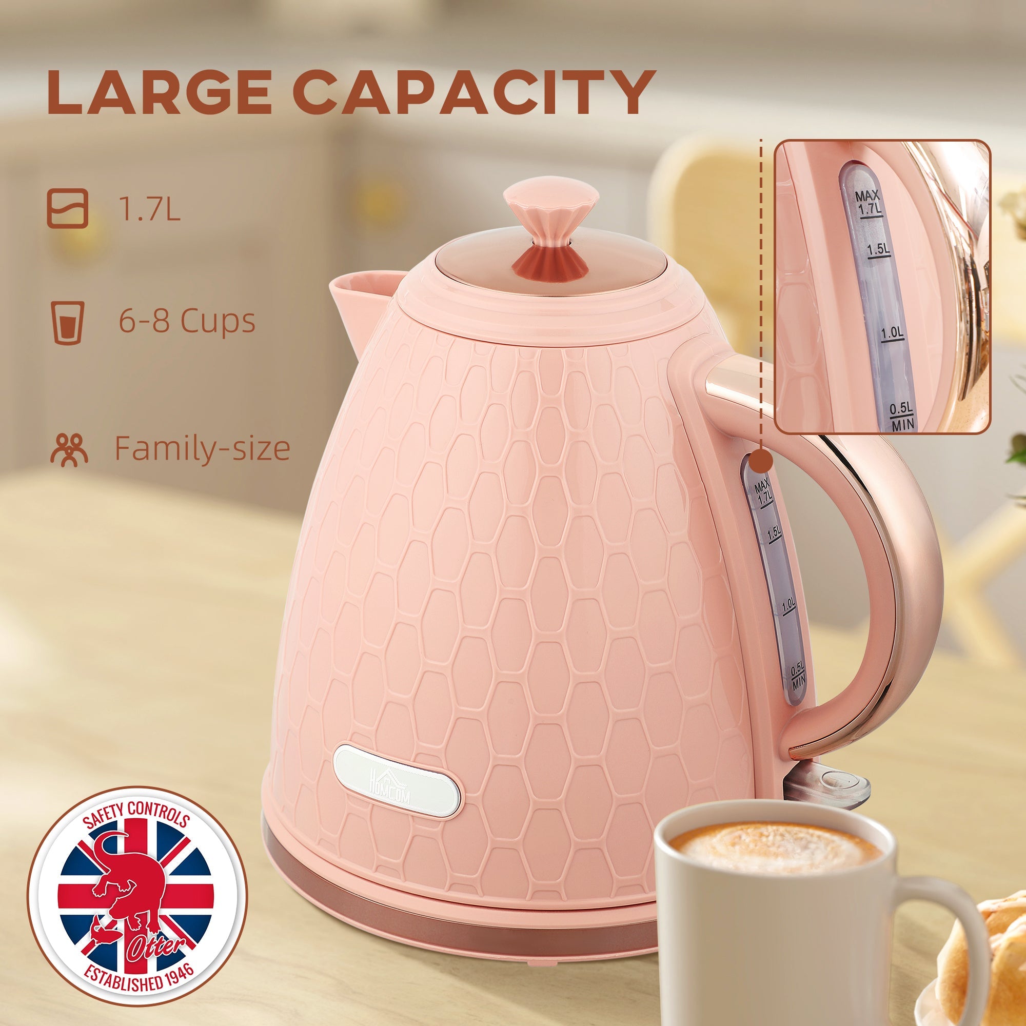 Elegant HOMCOM 3kW Rapid Boil Honeycomb Kettle - Light Pink