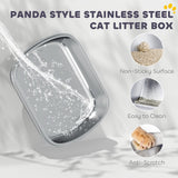 PawHut Panda Style XL Stainless Steel Cat Litter Box with Lid, Enclosed Kitty Litter Box with Scoop, 60 x 40 x 45 cm