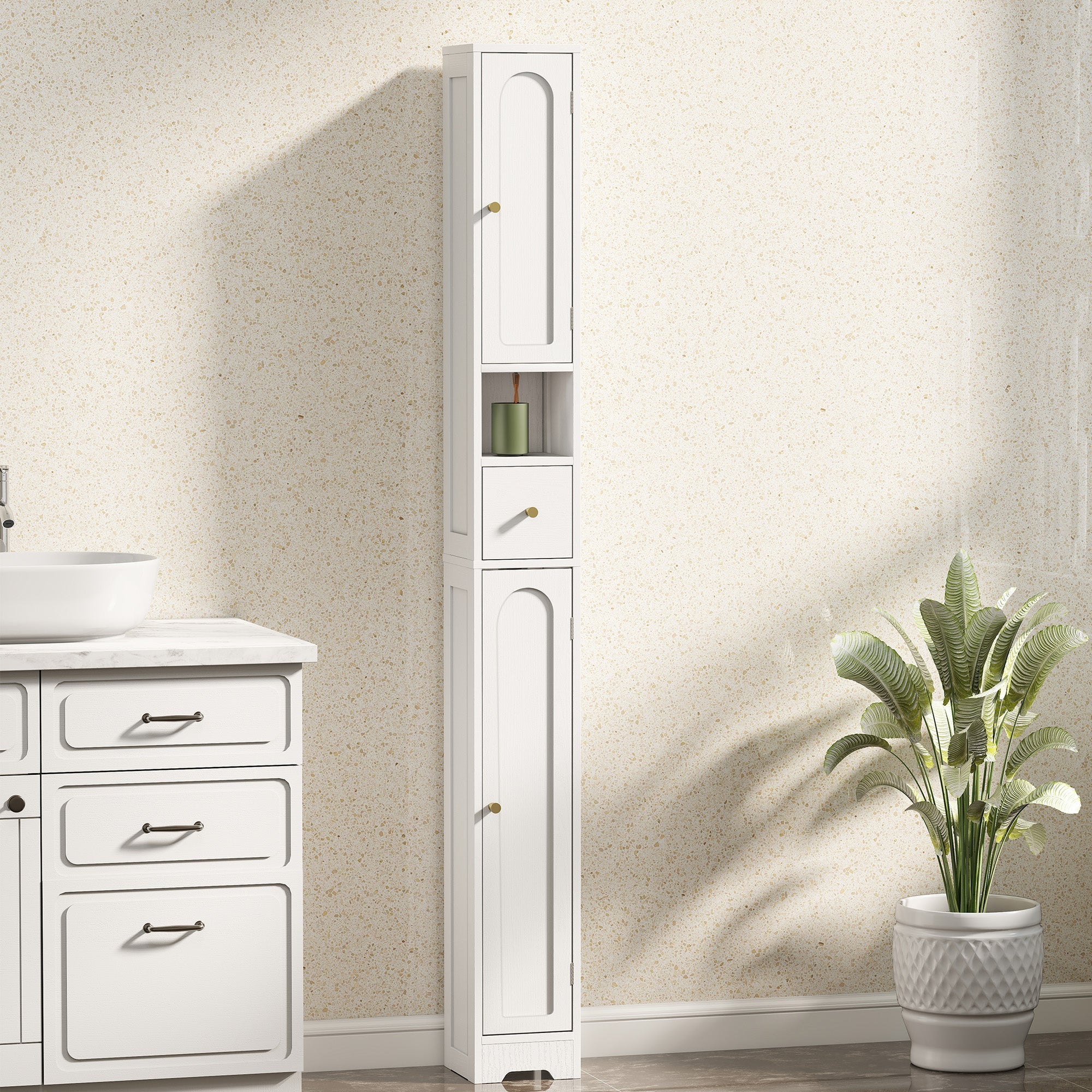 Elegant HOMCOM 185 cm Tall Bathroom Cabinet with Arched Doors - White