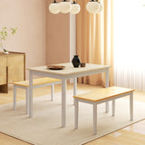 Elegant HOMCOM Dining Table and Modern Bench Set, Farmhouse Kitchen Table and Modern Bench with Wooden Frame for Living Room, Dining Room, Natural and White