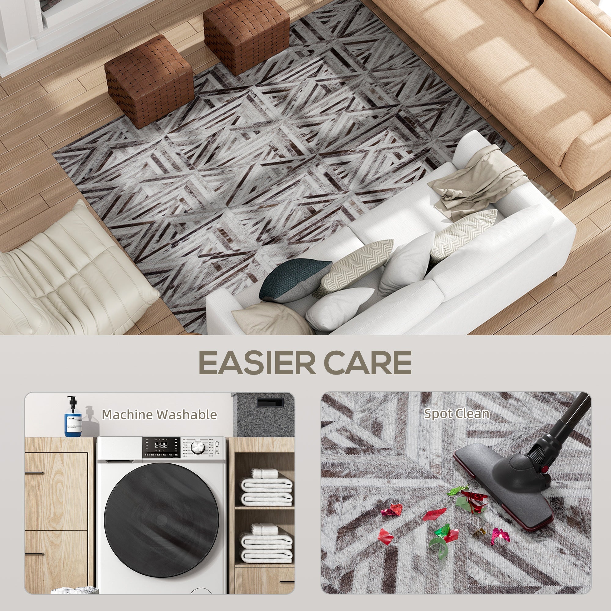 Elegant HOMCOM Modern Area Rug, Triangle Pattern Non-Slip Washable Rug, Chenille Floor Carpet for Living Room, Bedroom, Dining Room, Home Office, 230 x 160 cm, Brown