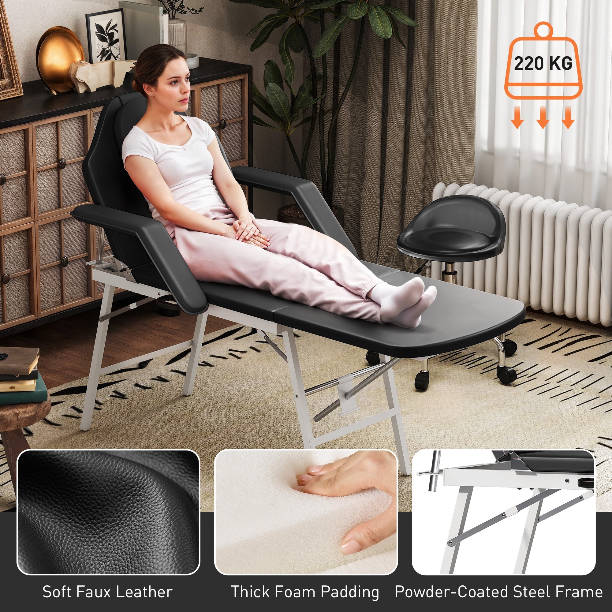 Elegant HOMCOM Portable Massage Table, 3 Section Adjustable Beauty Bed, Foldable Massage Bed with Face Hole, Recliner Chair with Removable Headrest and Armrests for Spa, Lash, Tattoo, Black