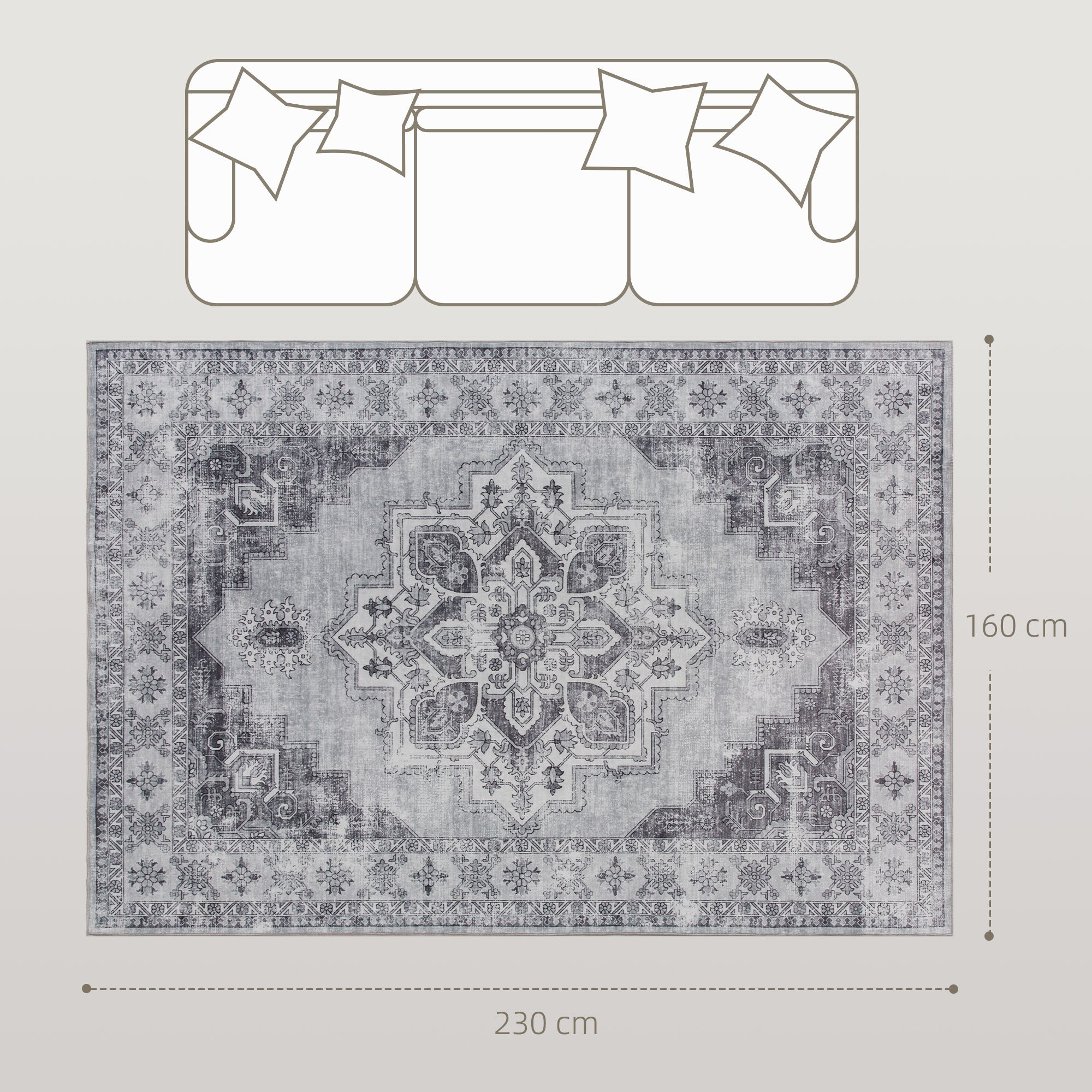 Elegant HOMCOM Vintage Area Rug, Non-Slip Washable Rug, Flannel Floor Carpet for Living Room, Bedroom, Dining Room, Home Office, 230 x 160 cm, in Sophisticated Grey