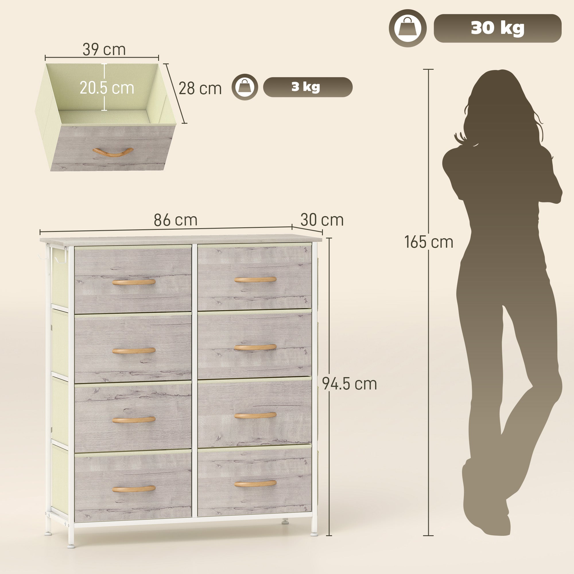 Elegant HOMCOM Chest of Eight Fabric Drawers - Natural Wood Finish