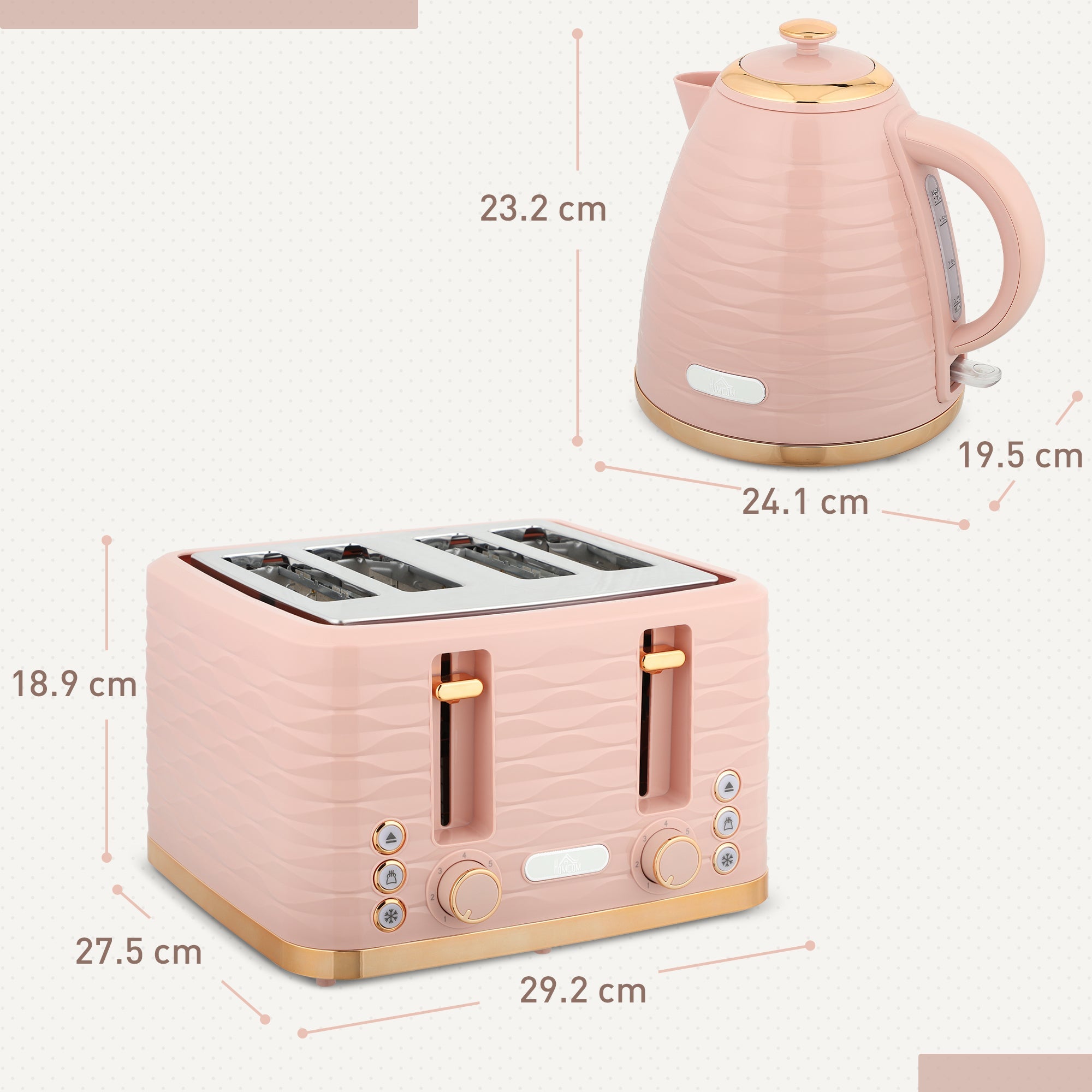 Elegant HOMCOM 3000W 1.7L Kettle & 4 Slice Toaster, Kettle and Toaster Set with 7 Browning Controls and Crumb Tray, Light Pink