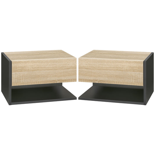 Elegant HOMCOM Floating Bedside Table Set of 2, Wall Mounted Bedside Cabinet with Drawer and Open Shelf, Modern Nightstand for Bedroom, 46 x 30 x 30 cm, Oak Tone