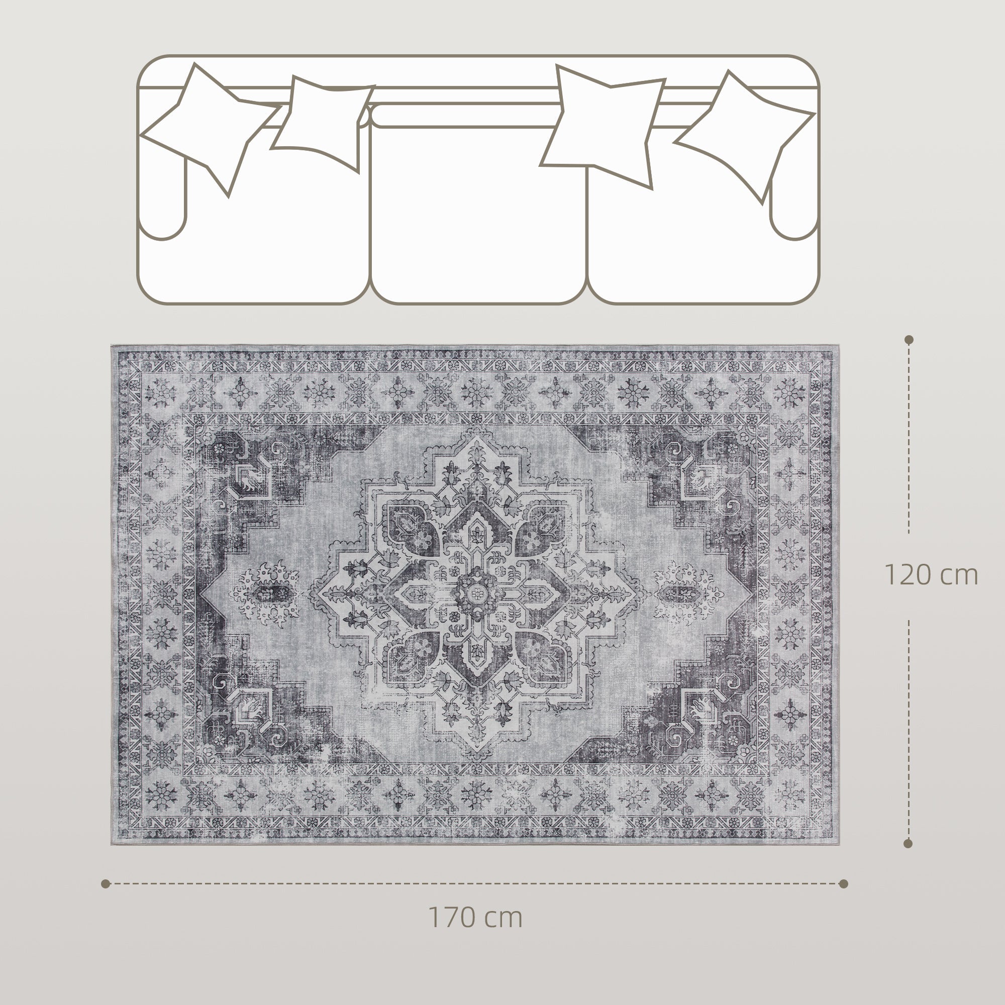 Elegant HOMCOM Vintage Area Rug, Non-Slip Washable Rug, Flannel Floor Carpet for Living Room, Bedroom, Dining Room, Home Office, 170 x 120 cm, in Sophisticated Grey