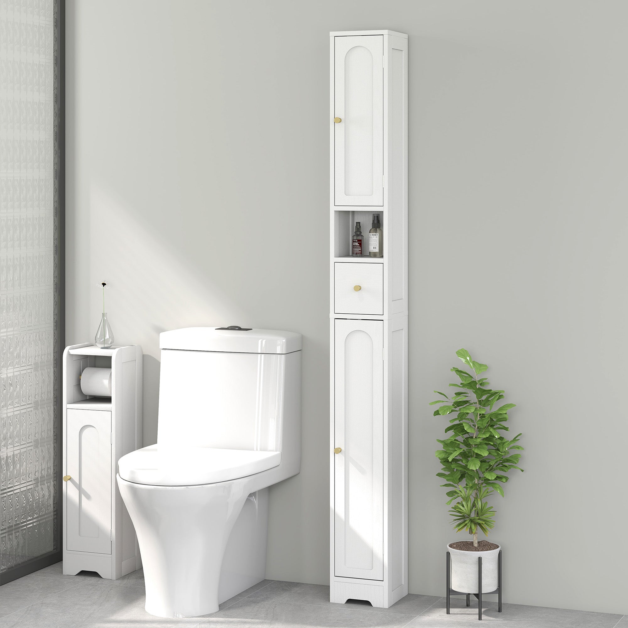 Elegant HOMCOM 185 cm Tall Bathroom Cabinet with Arched Doors - White