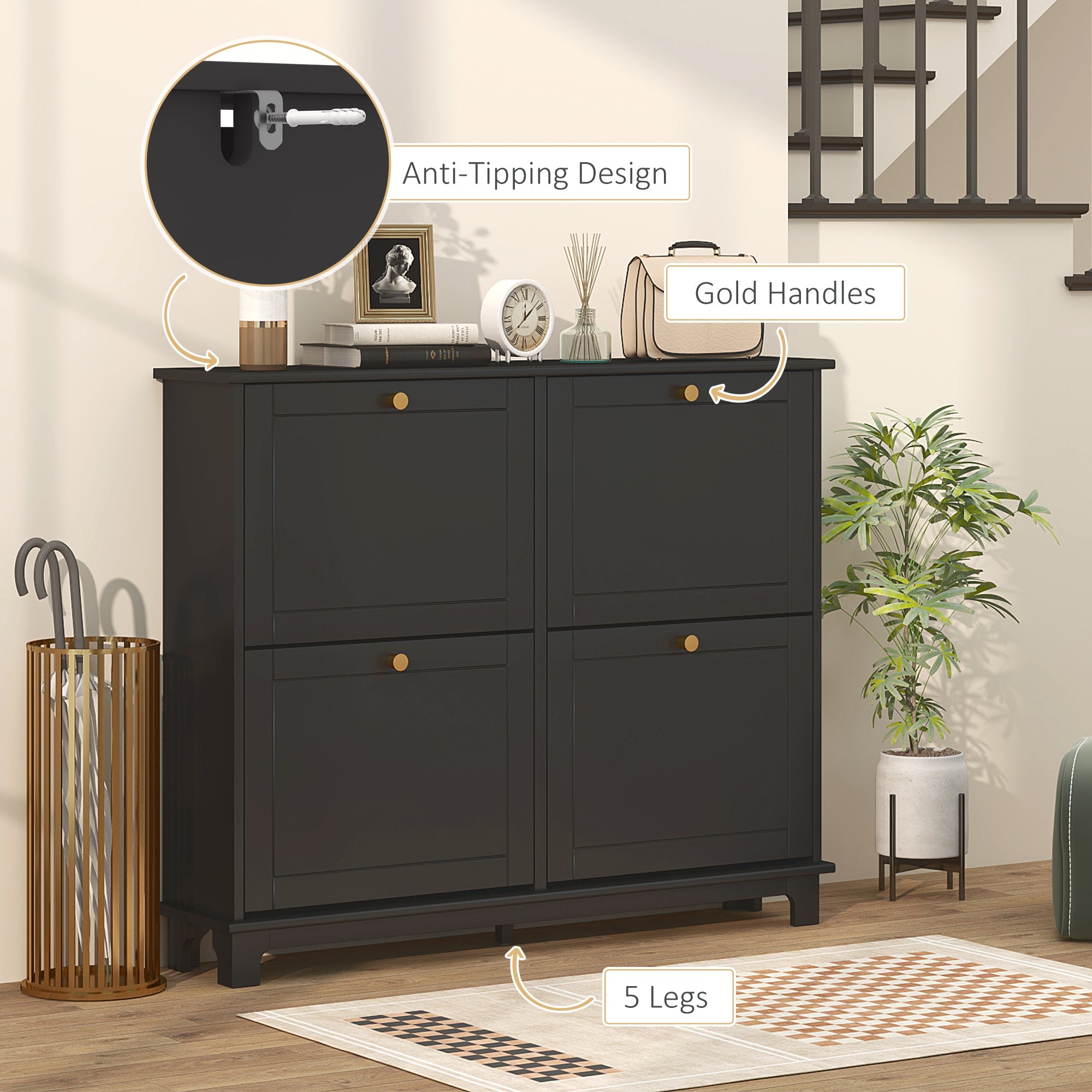 Elegant HOMCOM Narrow Shoe Spacious Storage Cabinet, Slim Shoe Cabinet with 4 Flip Drawers, Adjustable Shelves for 16 Pairs of Shoes, Black