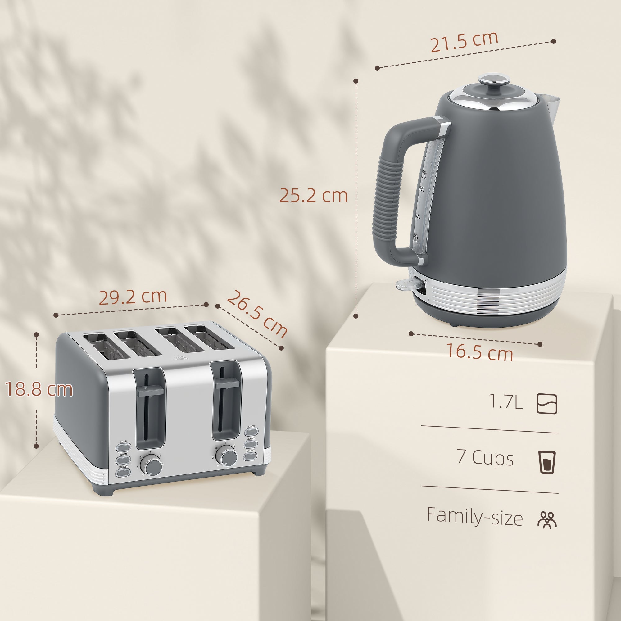Elegant HOMCOM Stainless Steel Kettle and Toaster Set, 1.7L 3000W Rapid Boil Jug Kettle with UK Strix Thermostat, Limescale Filter, 4 Slice Toaster with 7 Browning Controls, Crumb Tray, in Sophisticated Grey and Silver Tone