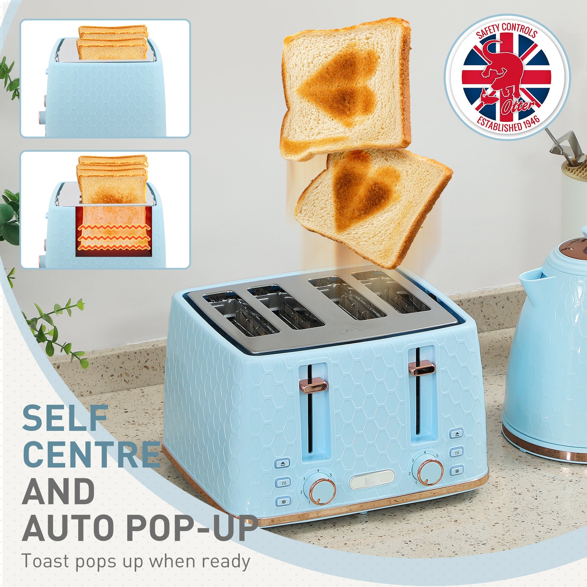 Elegant HOMCOM Kettle and Toaster Set, 1.7L 3000W Fast Boil Jug Kettle, 4 Slice Toaster with 7 Level Browning Controls, Light Blue