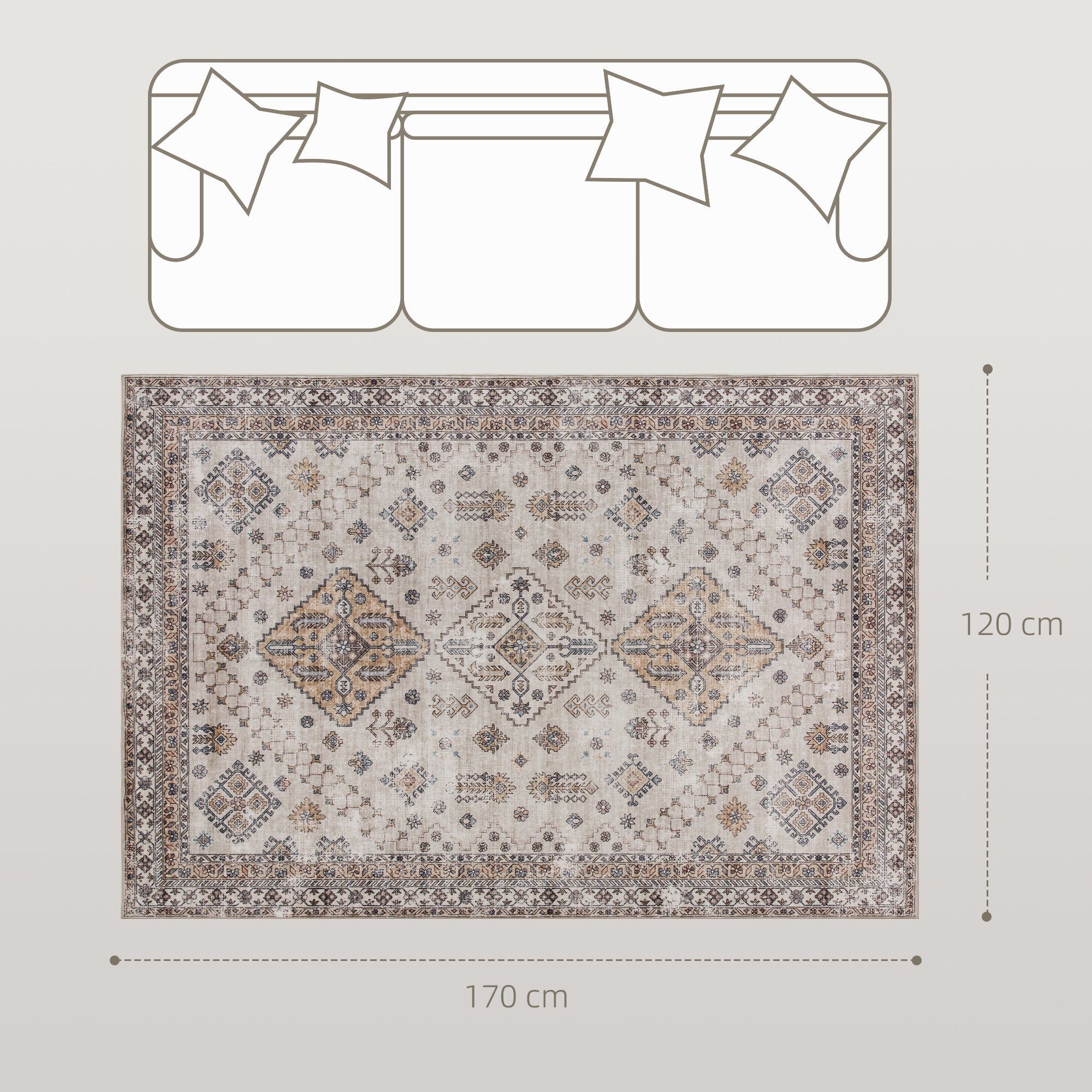 Elegant HOMCOM Vintage Area Rug, Non-Slip Washable Rug, Flannel Floor Carpet for Living Room, Bedroom, Dining Room, Home Office, 170 x 120 cm, Beige