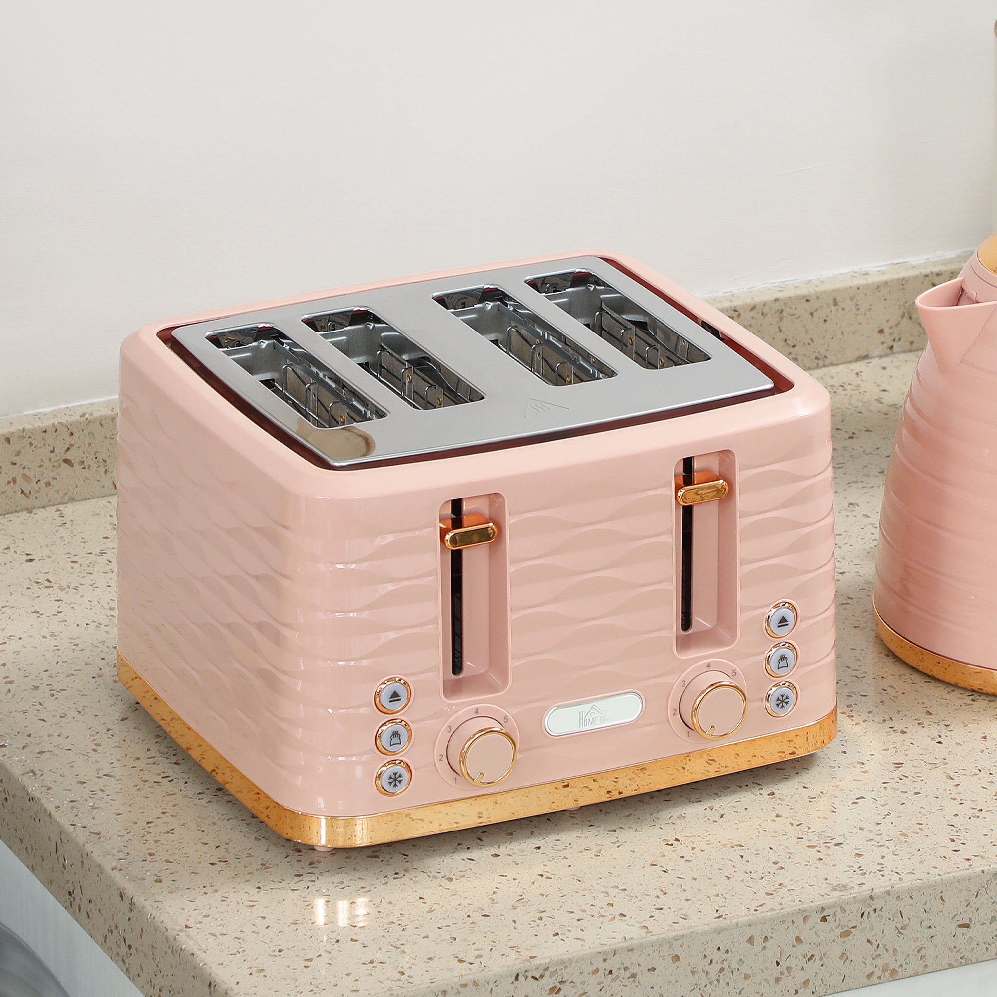 Elegant HOMCOM 3000W 1.7L Kettle & 4 Slice Toaster, Kettle and Toaster Set with 7 Browning Controls and Crumb Tray, Light Pink