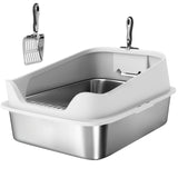 PawHut XL Stainless Steel Cat Litter Box with High Sides, Metal Scoop, 60 x 40 x 30 cm