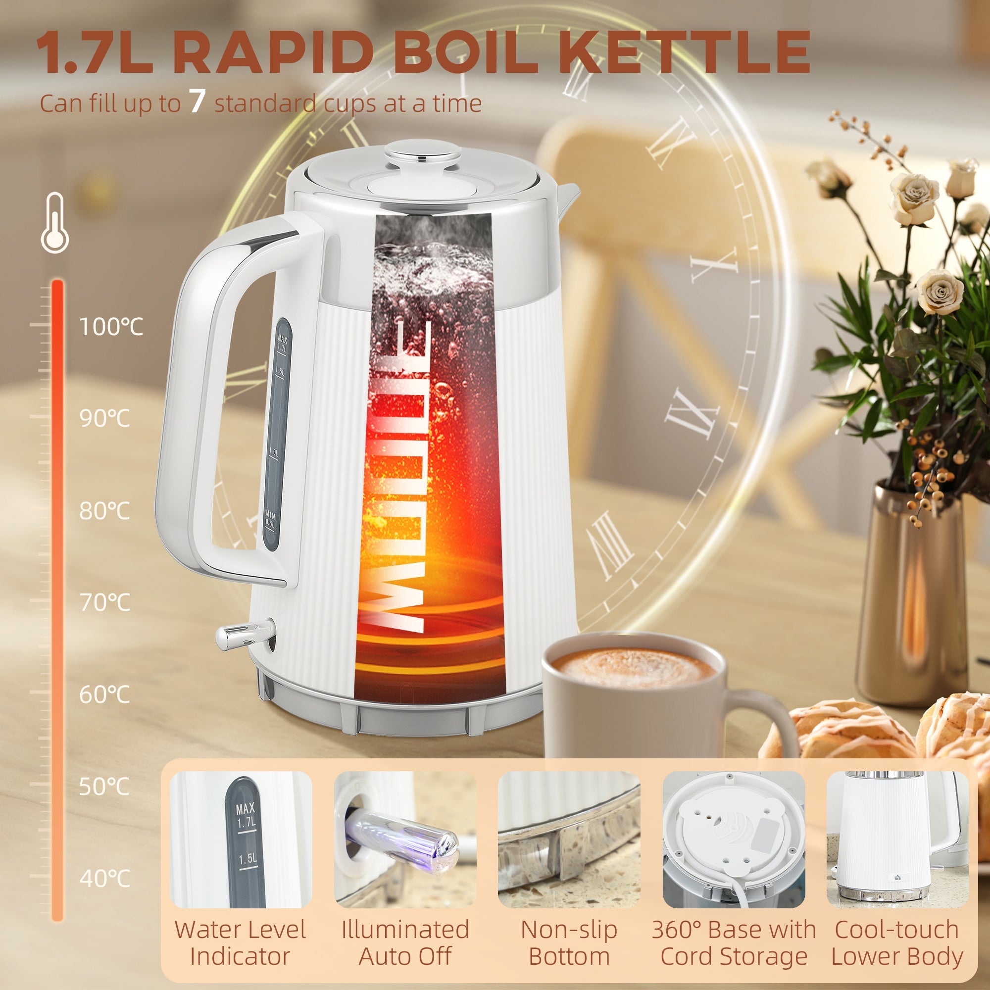 Elegant HOMCOM Electric Kettle and Toaster Set, 3000W 1.7L UK Strix Thermostat Rapid Boil Jug Kettle with Limescale Filter, Cool Touch Body, 4 Slice Toaster with 7 Browning Controls, Crumb Tray, White