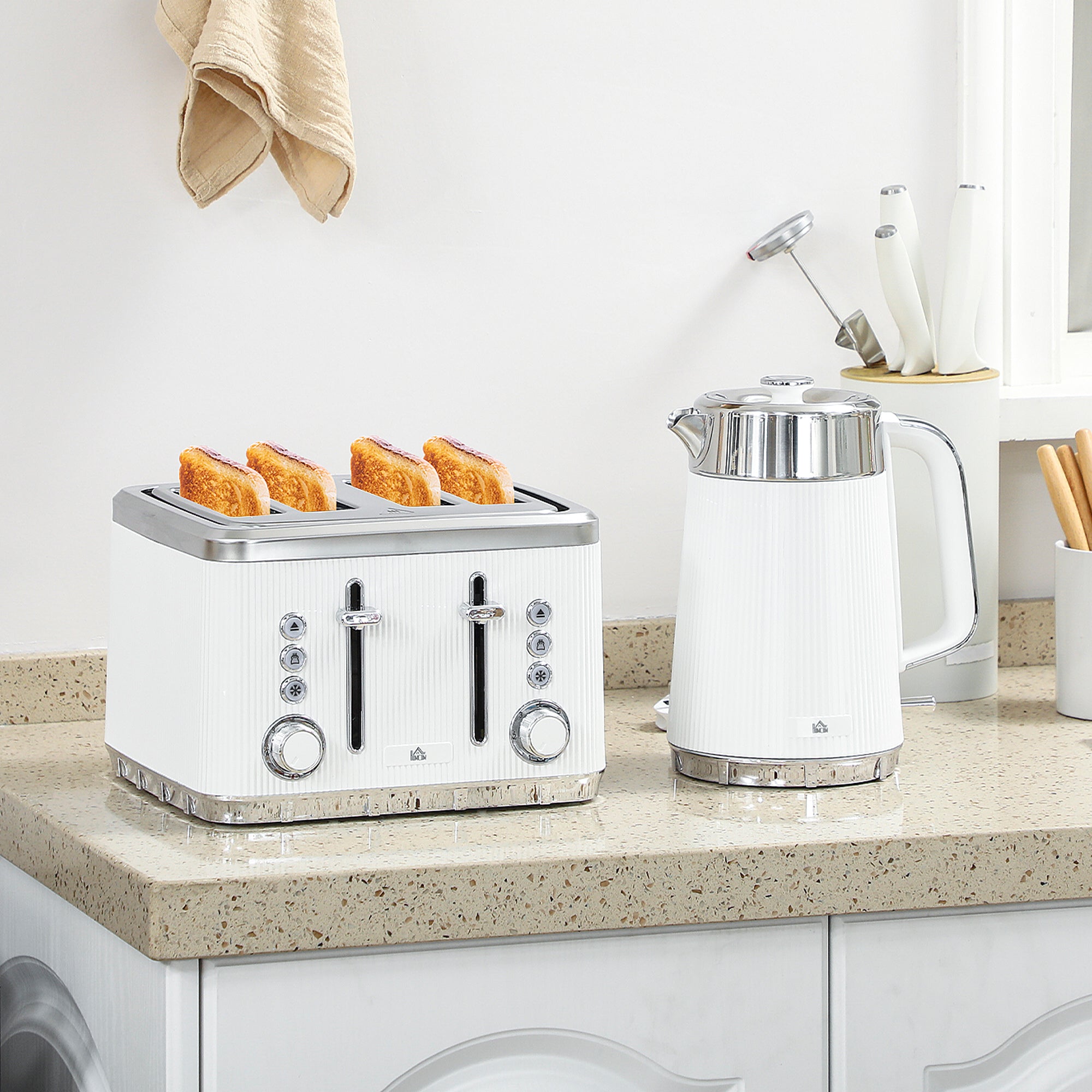 Elegant HOMCOM Electric Kettle and Toaster Set, 3000W 1.7L UK Strix Thermostat Rapid Boil Jug Kettle with Limescale Filter, Cool Touch Body, 4 Slice Toaster with 7 Browning Controls, Crumb Tray, White