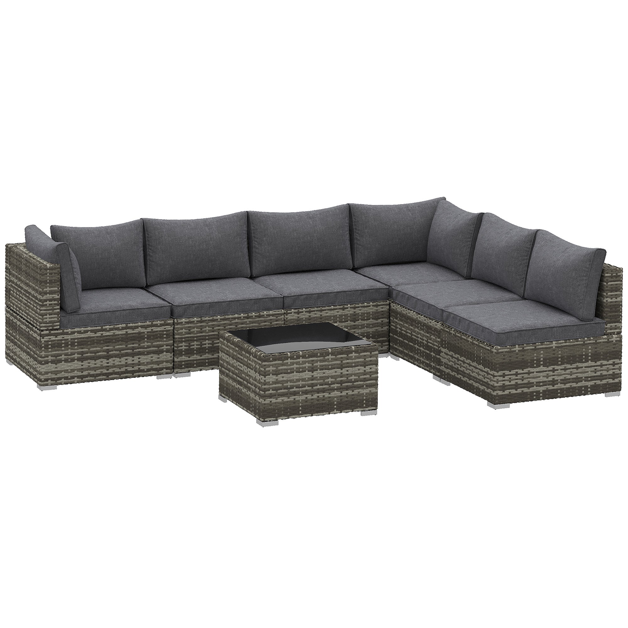 Outsunny 7 Pieces Outdoor PE Rattan Corner Sofa Set, Patio Wicker Conversation Chaise Lounge Furniture w/ Tempered Glass Table-top & Soft Padded Cushion for Garden, Backyard, Lawn, Dark in Sophisticated Grey